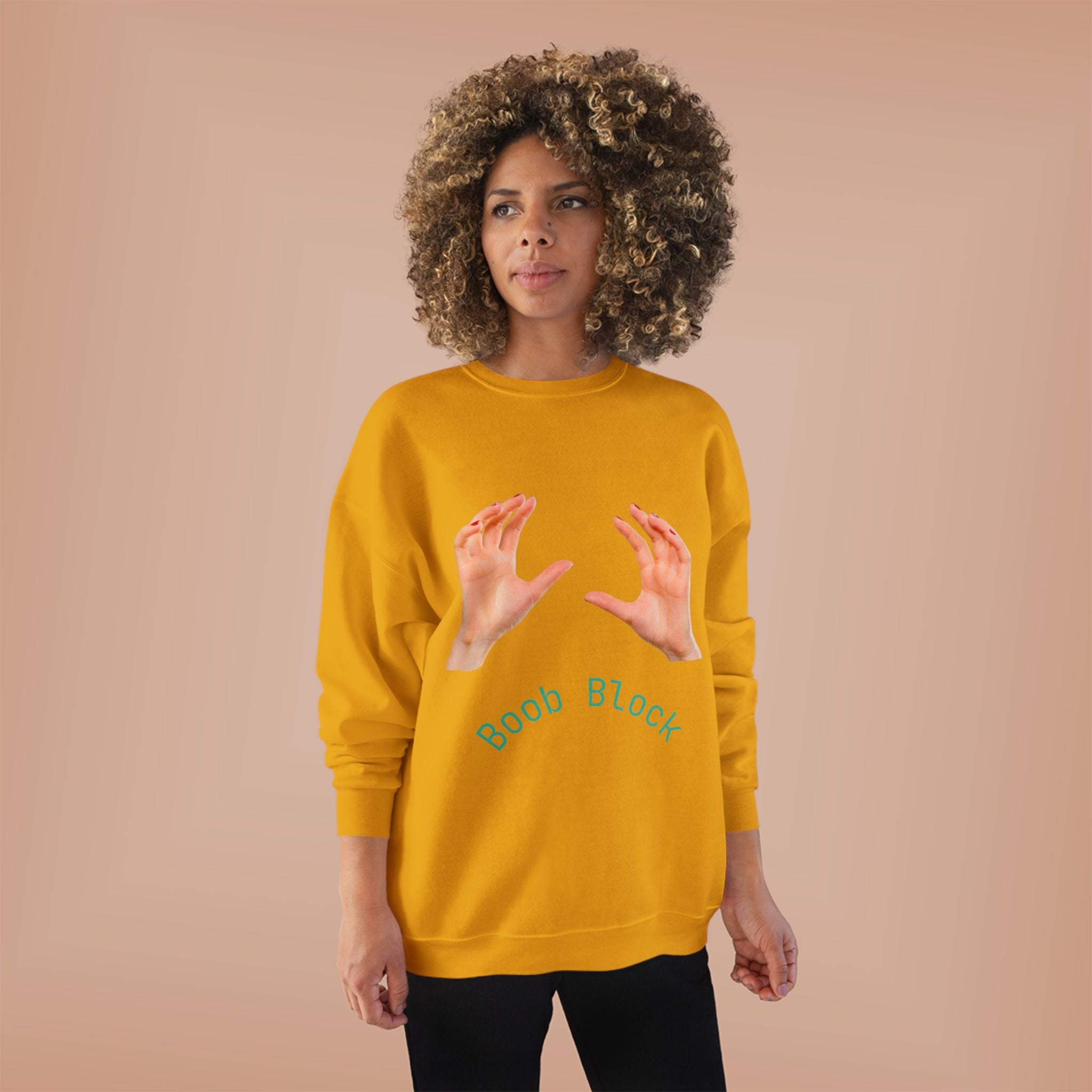Crewneck Sweatshirt — "Boob Block" Hands Graphic Pullover