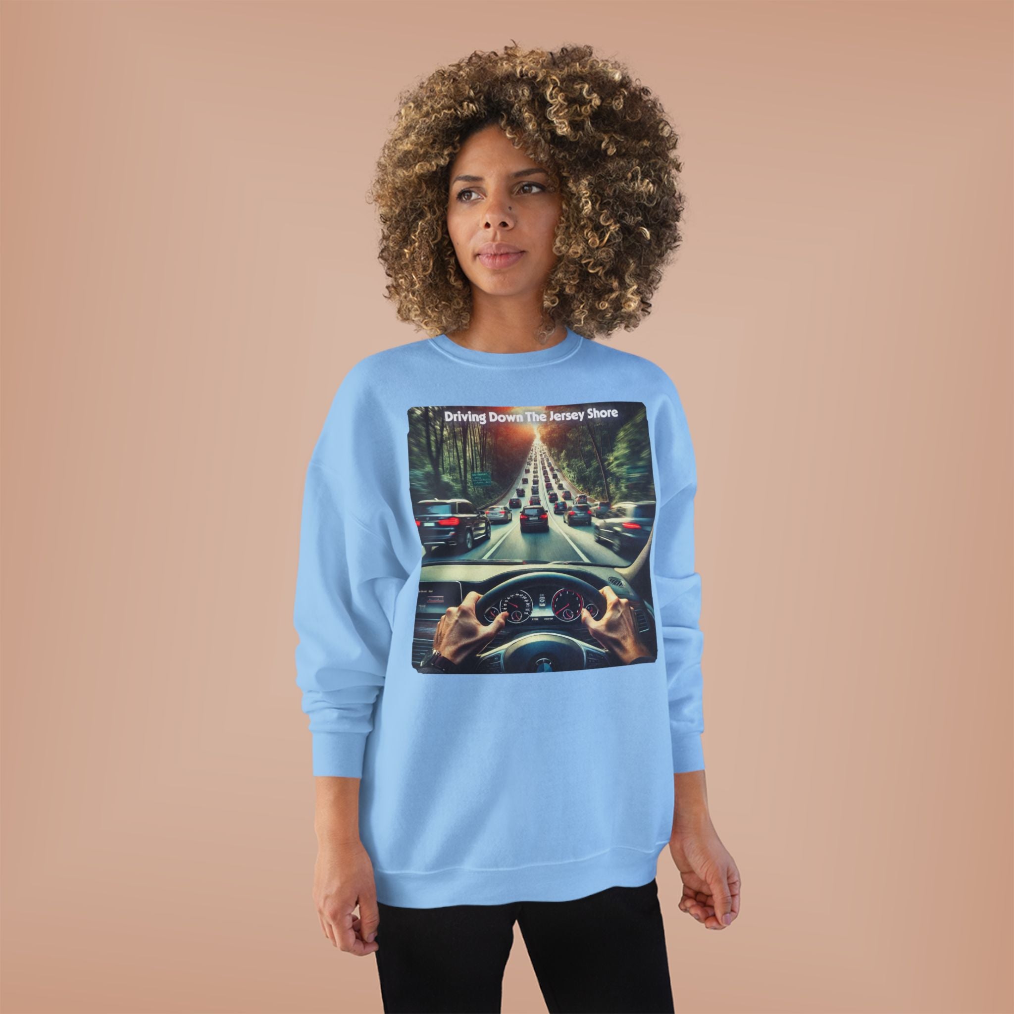 Crewneck Sweatshirt — "Driving Down The Jersey Shore" Scenic Road Trip Design