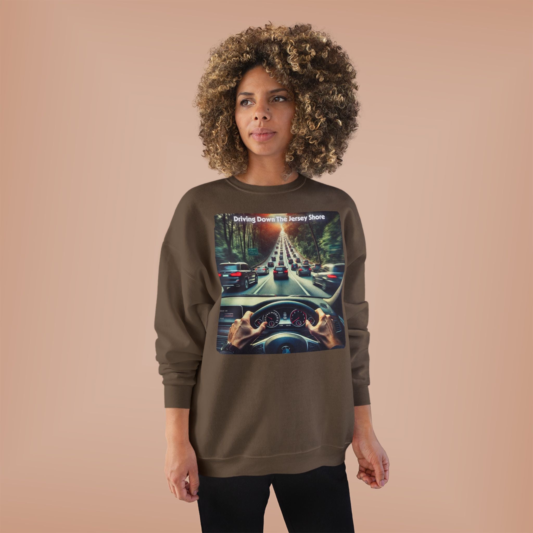 Crewneck Sweatshirt — "Driving Down The Jersey Shore" Scenic Road Trip Design