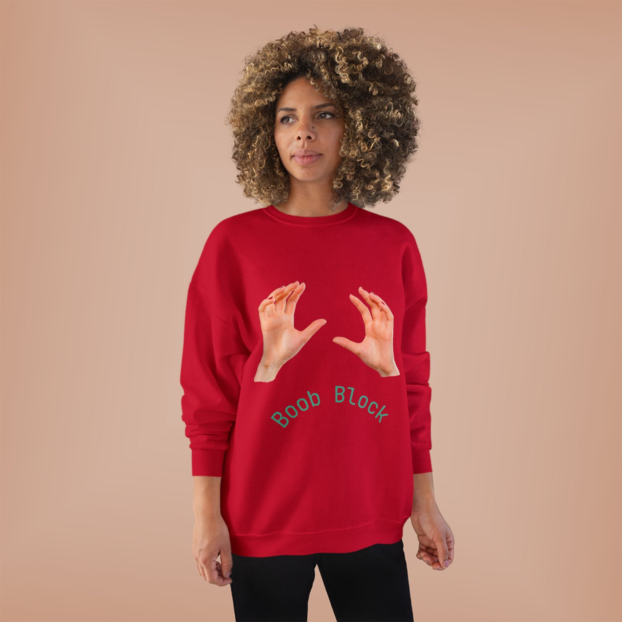 Crewneck Sweatshirt — "Boob Block" Hands Graphic Pullover