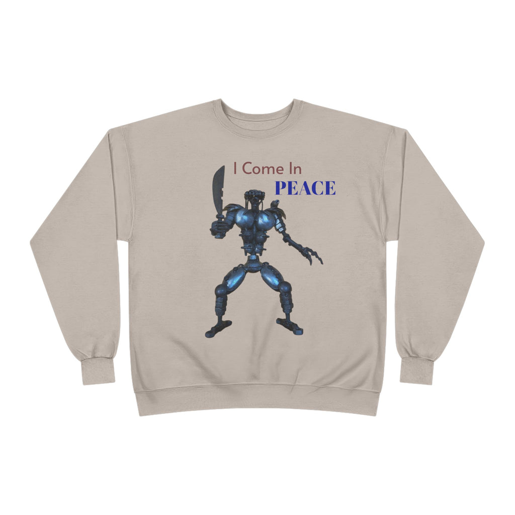 I Come In Peace Robot Crewneck Sweatshirt — Sci‑Fi Alien Warrior Graphic