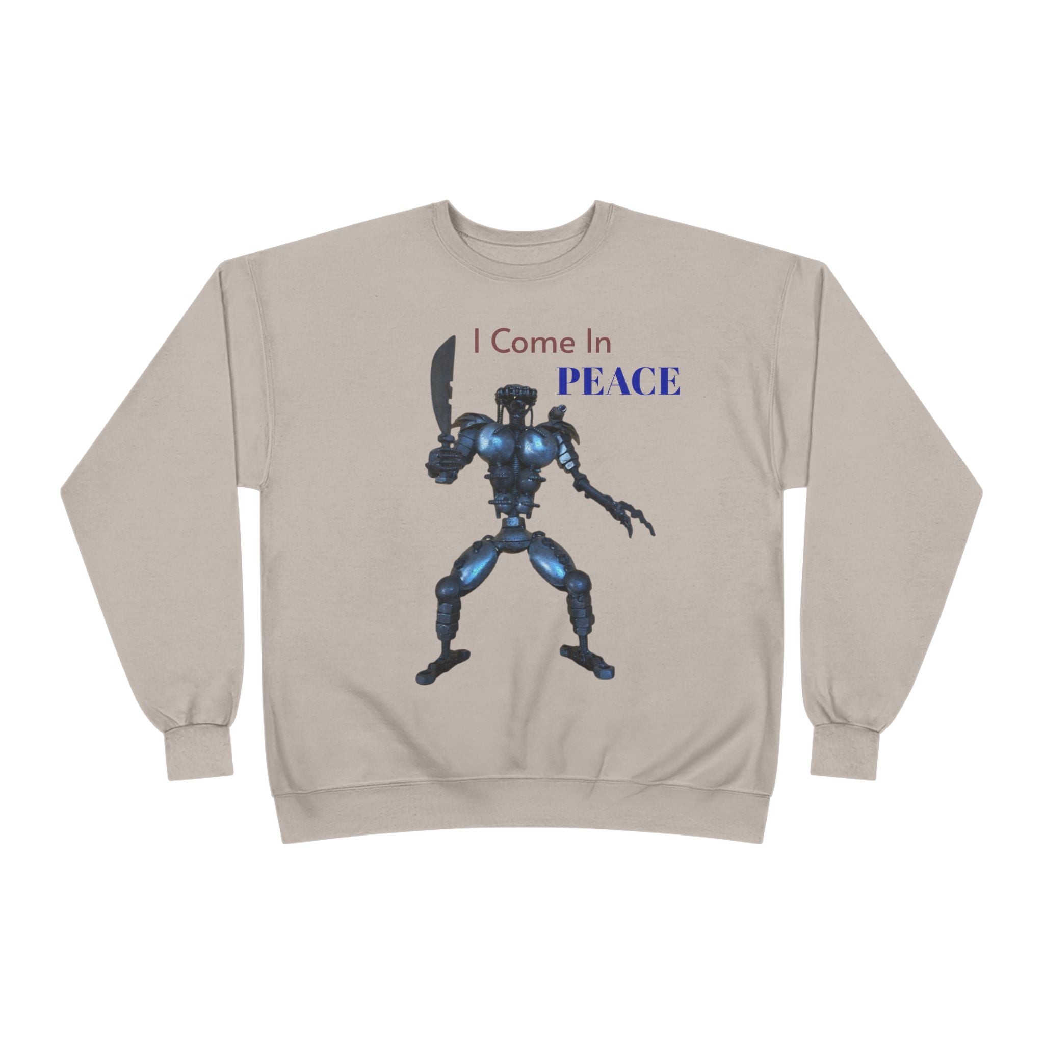 I Come In Peace Robot Crewneck Sweatshirt — Sci‑Fi Alien Warrior Graphic