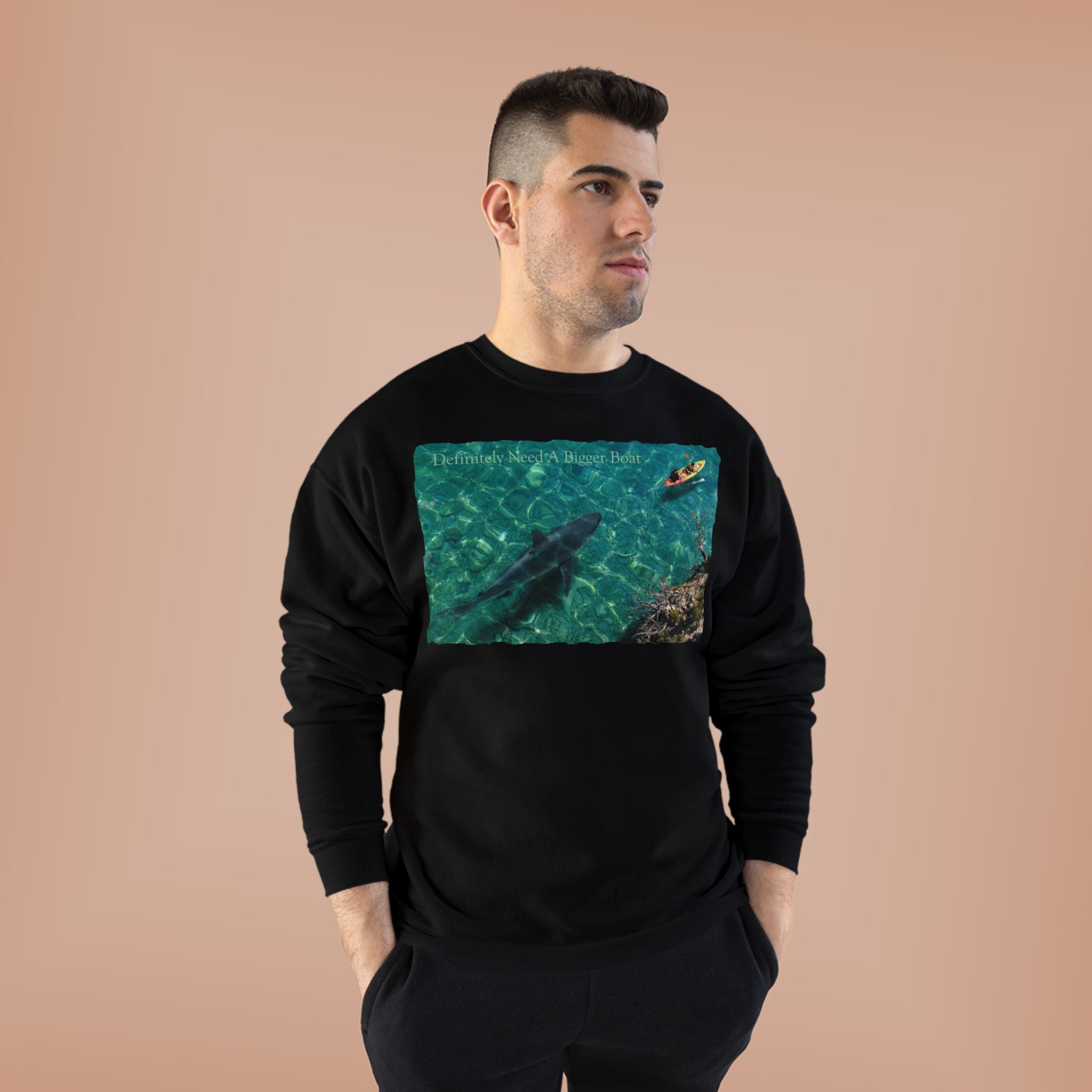 Crewneck Sweatshirt — Kayak Over Shark Photo Graphic