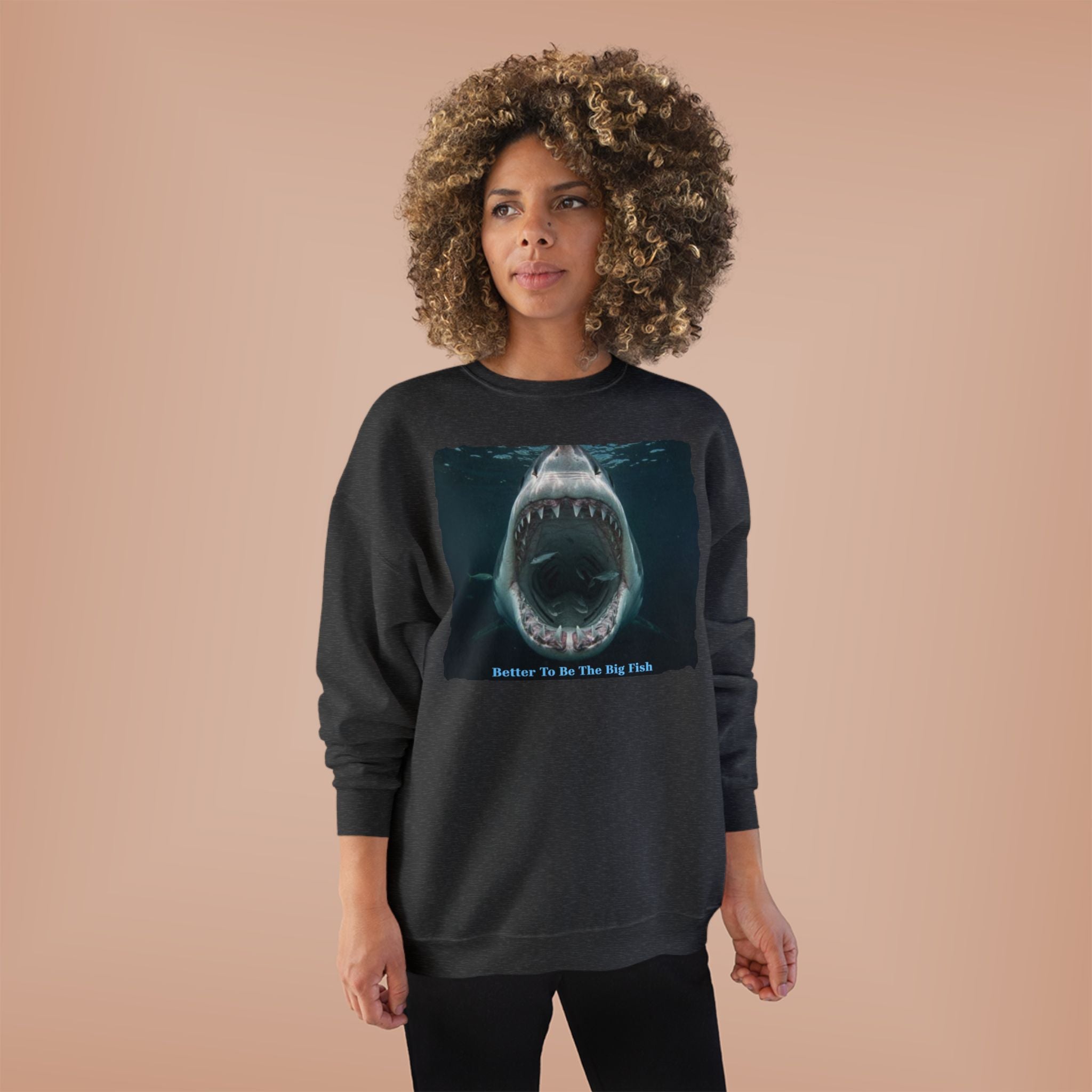 Shark Bite Crewneck Sweatshirt — 'Batter Up, Be The Big Fish' Graphic