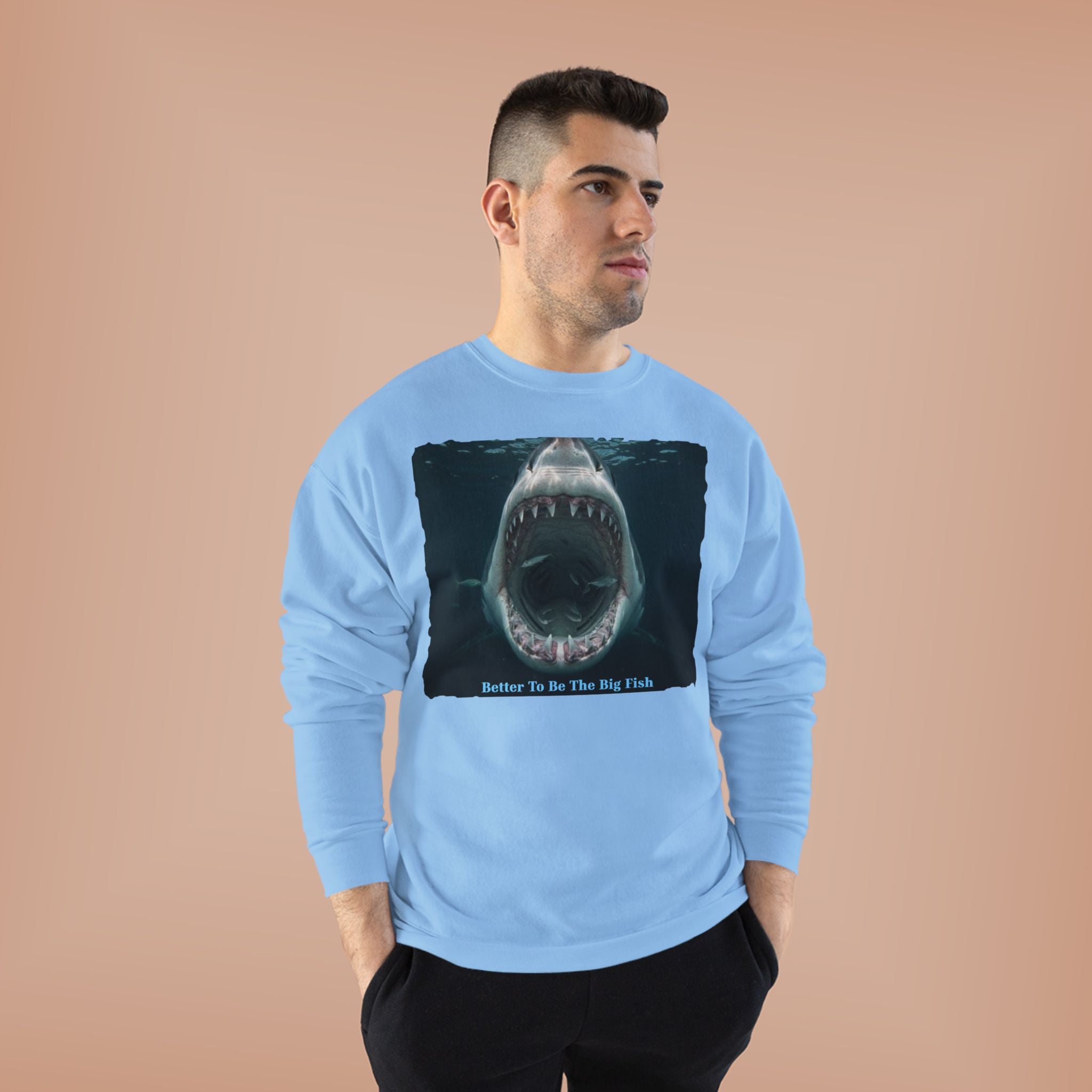 Shark Bite Crewneck Sweatshirt — 'Batter Up, Be The Big Fish' Graphic