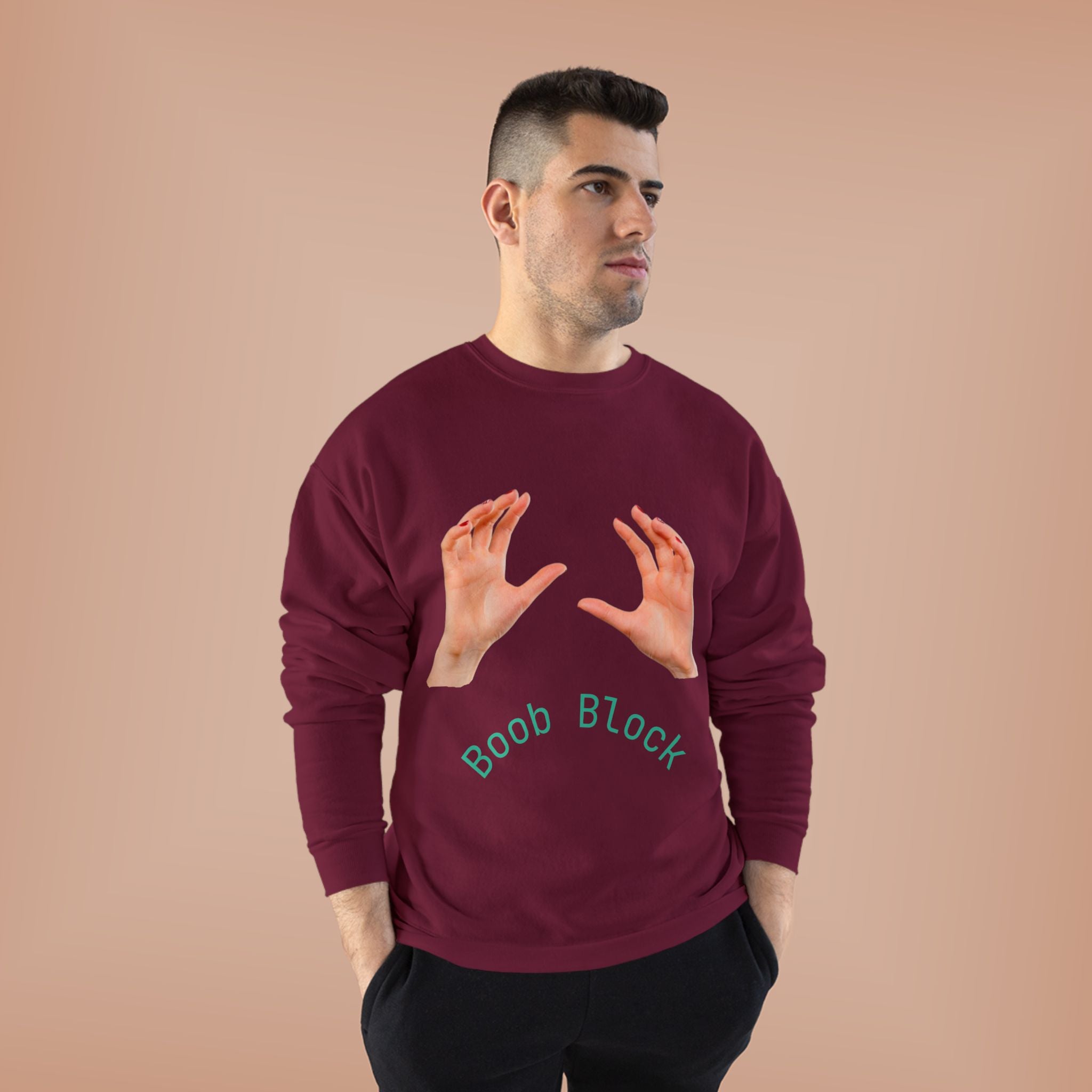 Crewneck Sweatshirt — "Boob Block" Hands Graphic Pullover
