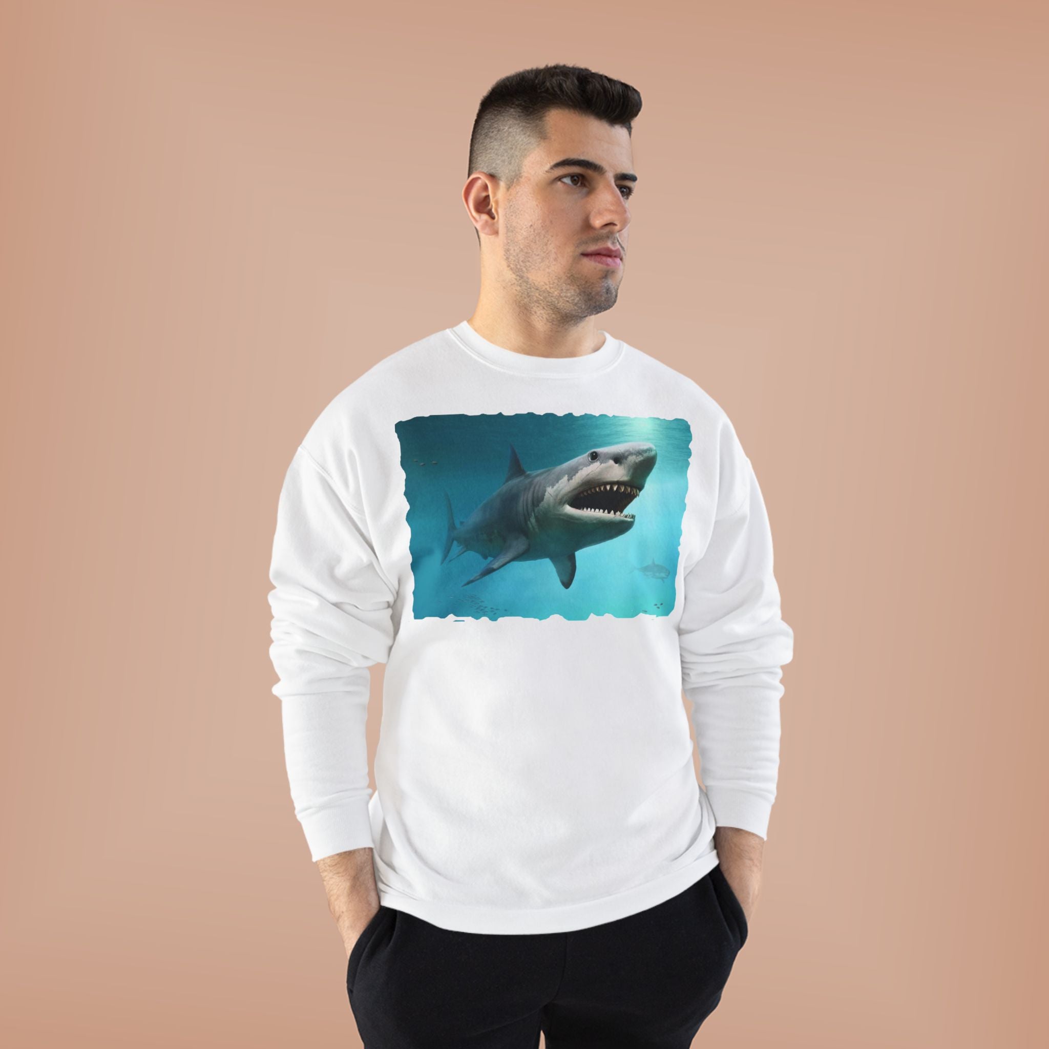Shark Graphic Crewneck Sweatshirt — Great White Ocean Illustration