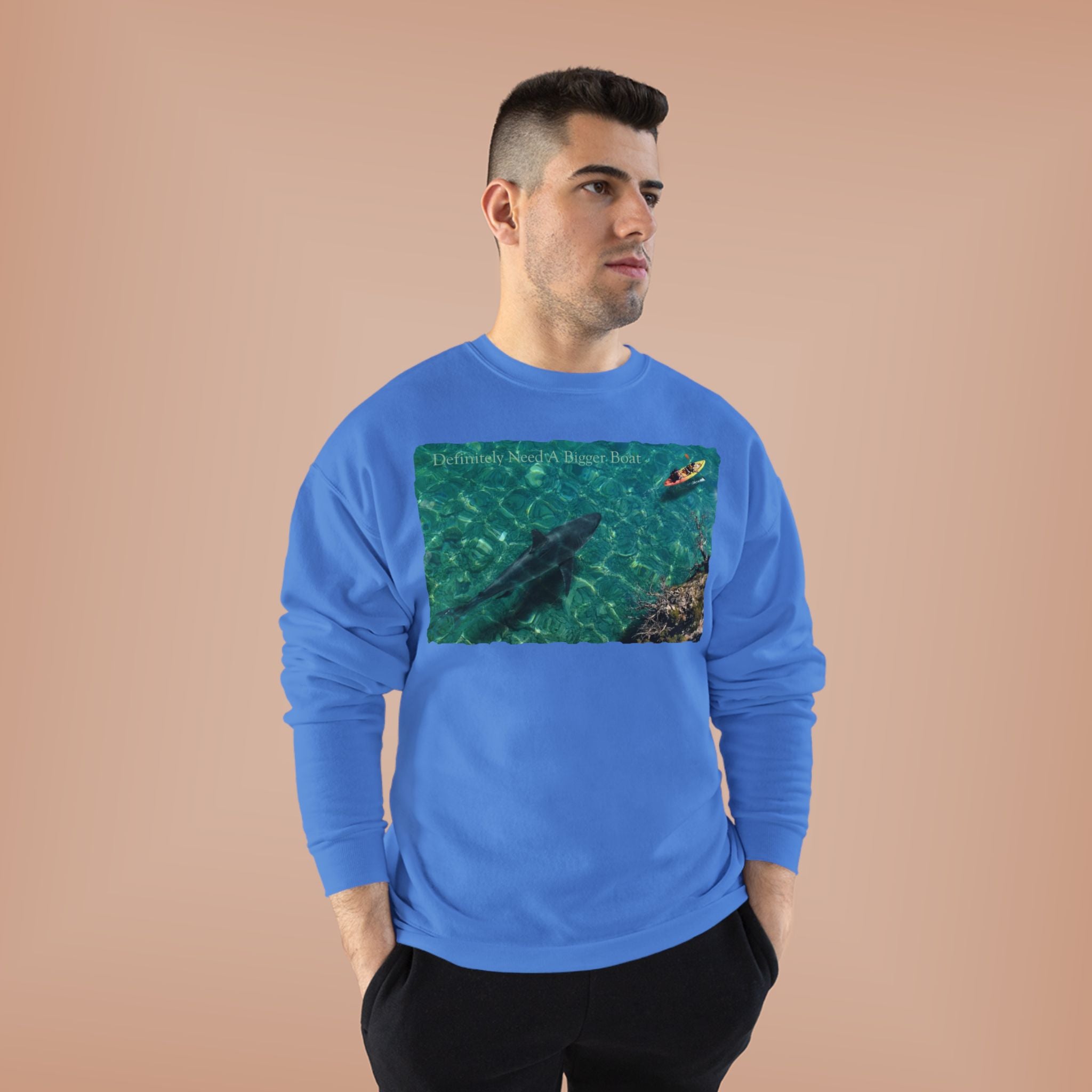 Crewneck Sweatshirt — Kayak Over Shark Photo Graphic