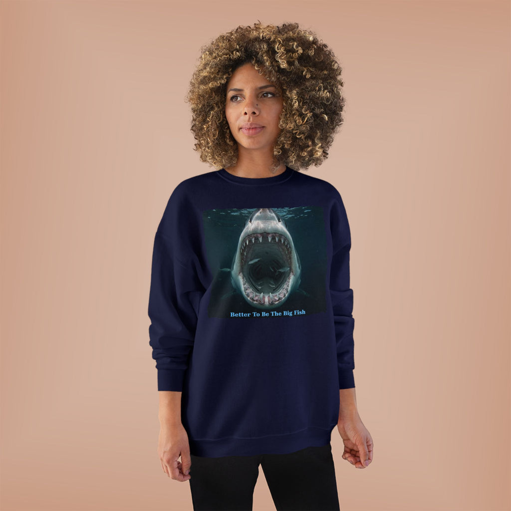 Shark Bite Crewneck Sweatshirt — 'Batter Up, Be The Big Fish' Graphic