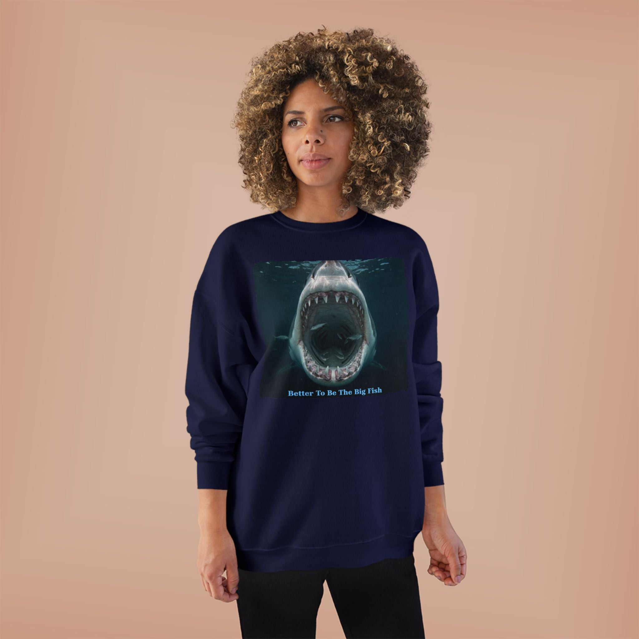 Shark Bite Crewneck Sweatshirt — 'Batter Up, Be The Big Fish' Graphic