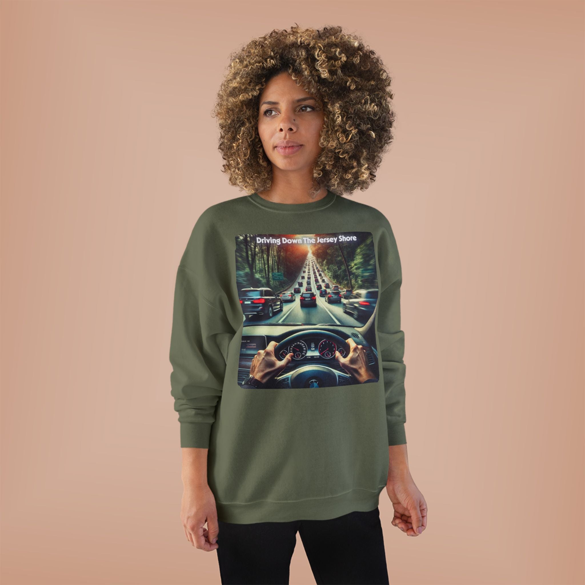 Crewneck Sweatshirt — "Driving Down The Jersey Shore" Scenic Road Trip Design