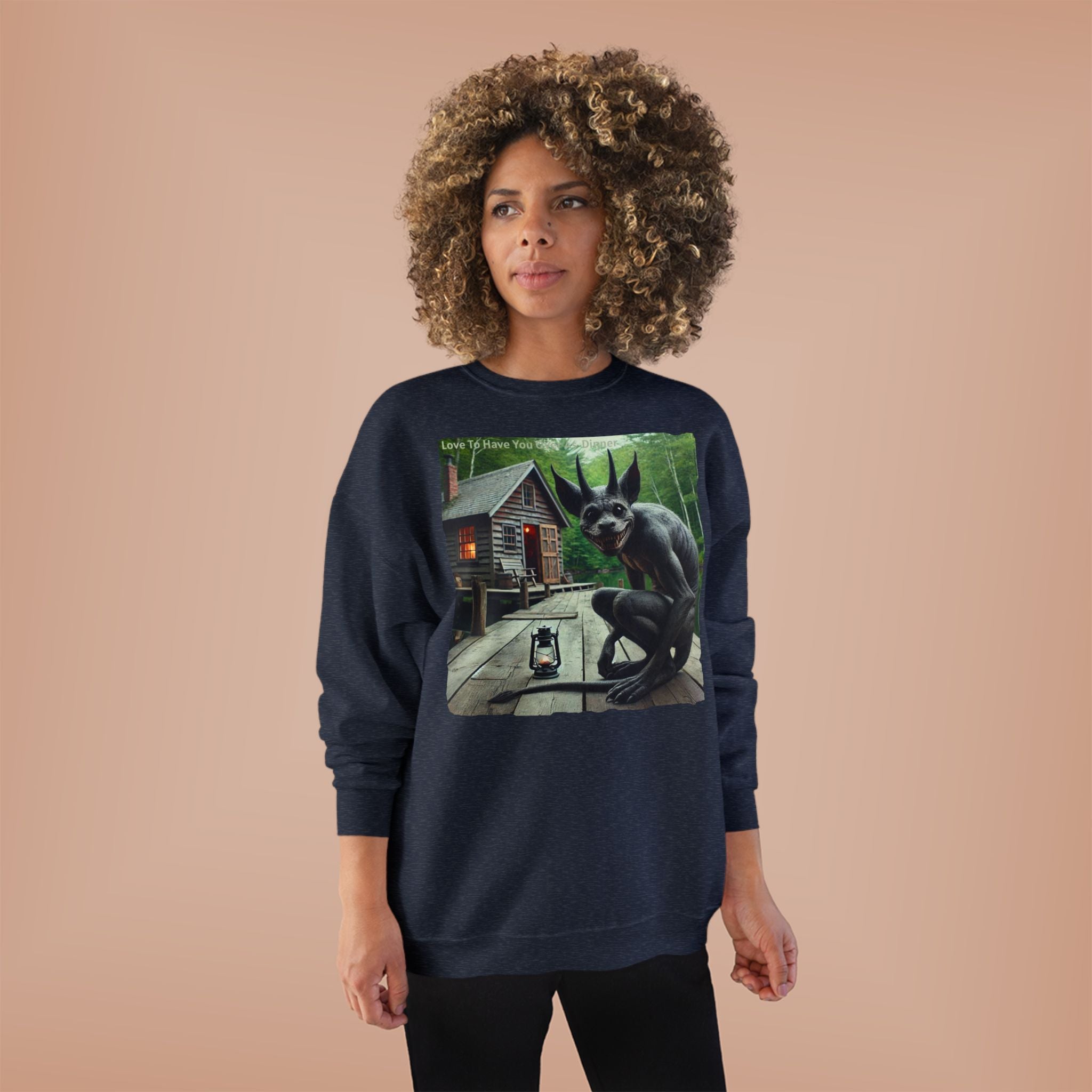 Creepy Cabin Gargoyle Sweatshirt — Haunted Forest Monster Crewneck