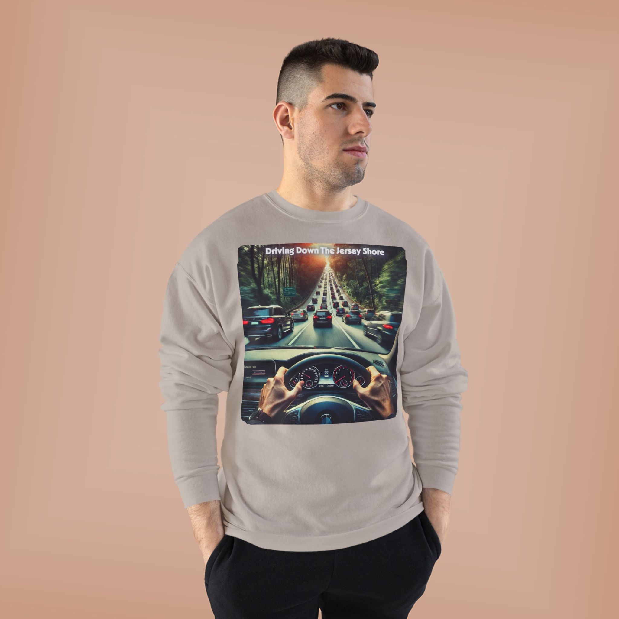 Crewneck Sweatshirt — "Driving Down The Jersey Shore" Scenic Road Trip Design