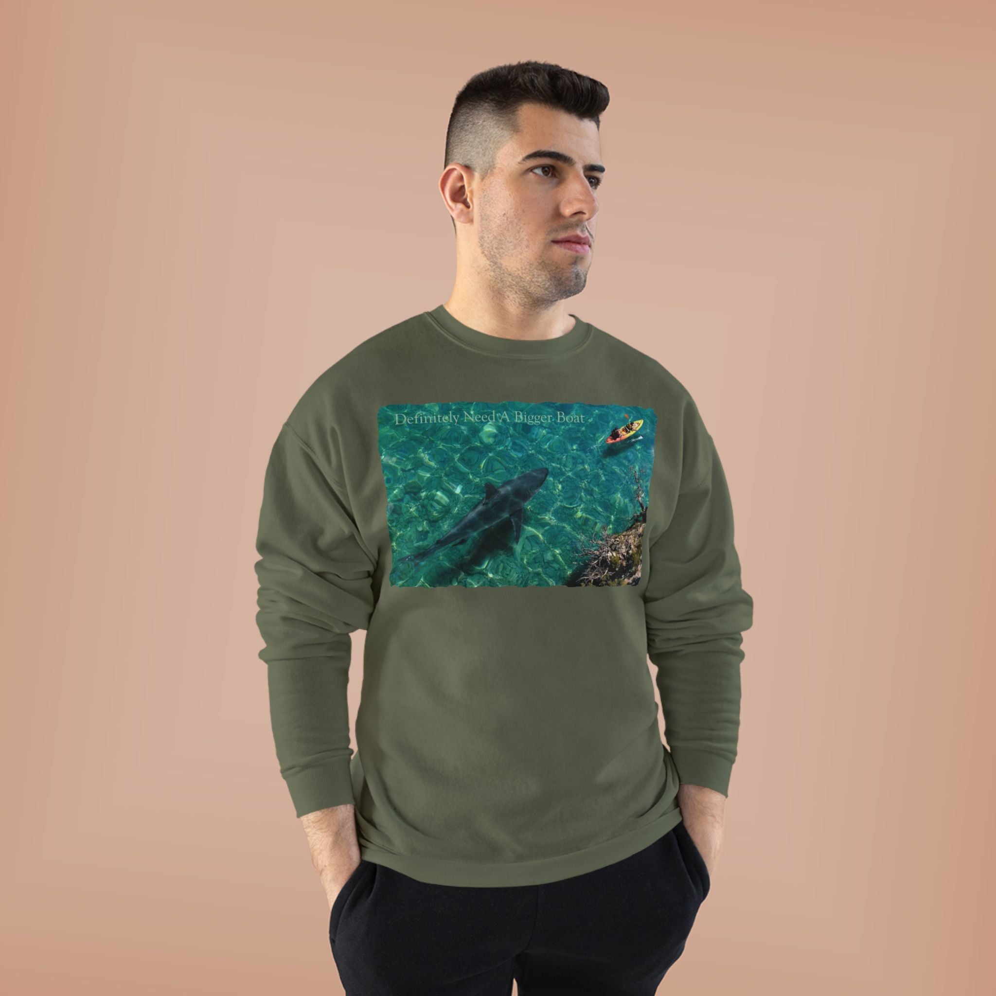 Crewneck Sweatshirt — Kayak Over Shark Photo Graphic