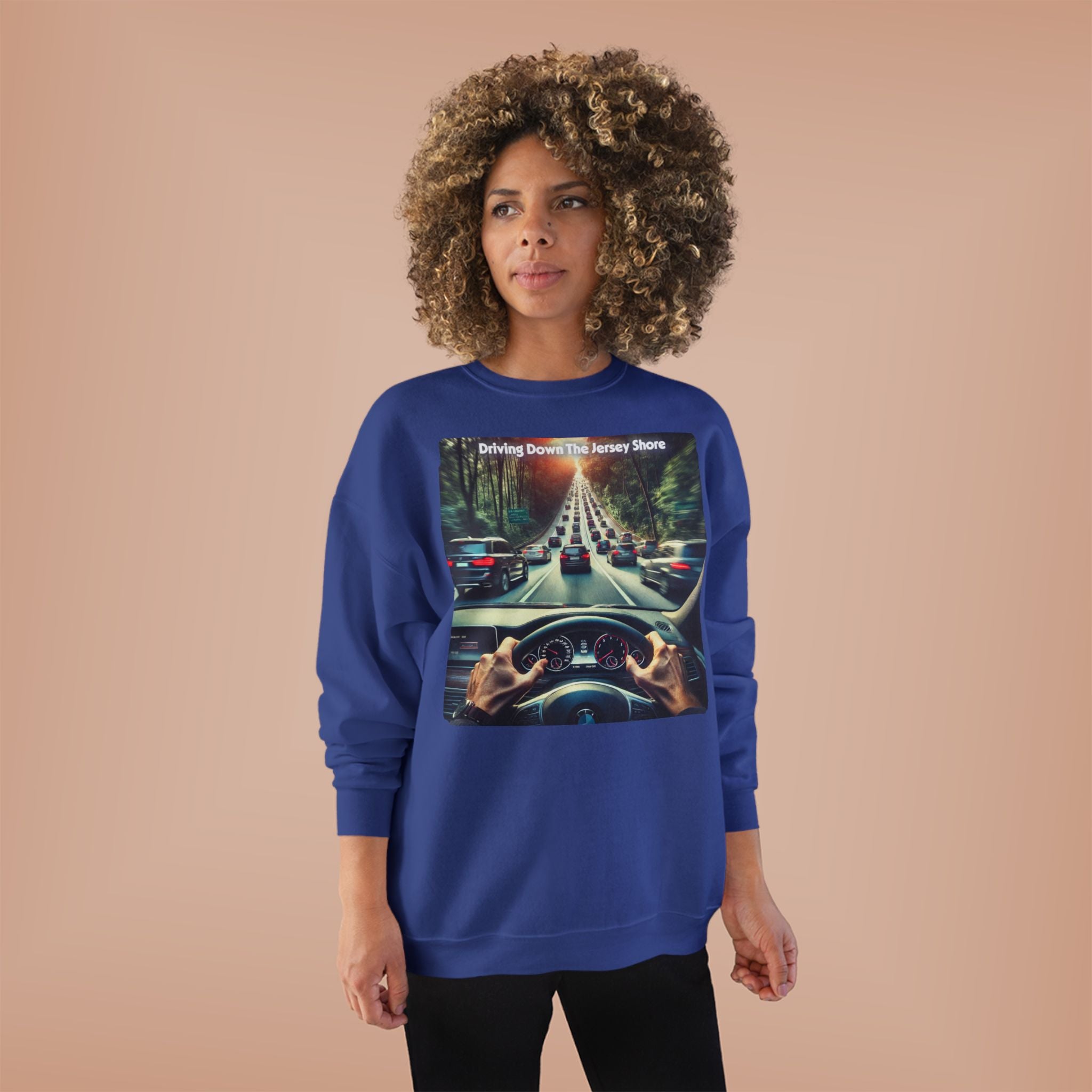 Crewneck Sweatshirt — "Driving Down The Jersey Shore" Scenic Road Trip Design