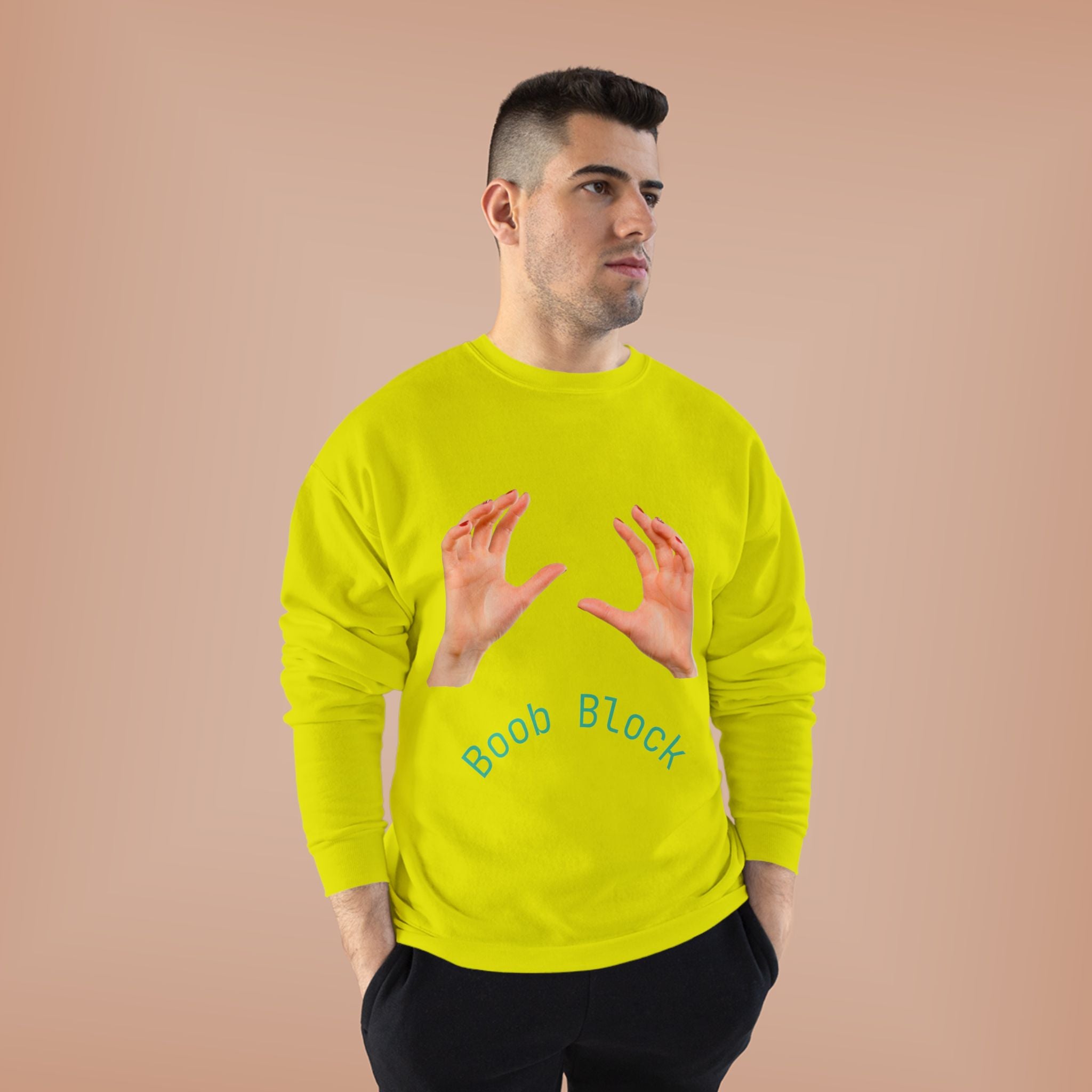 Crewneck Sweatshirt — "Boob Block" Hands Graphic Pullover