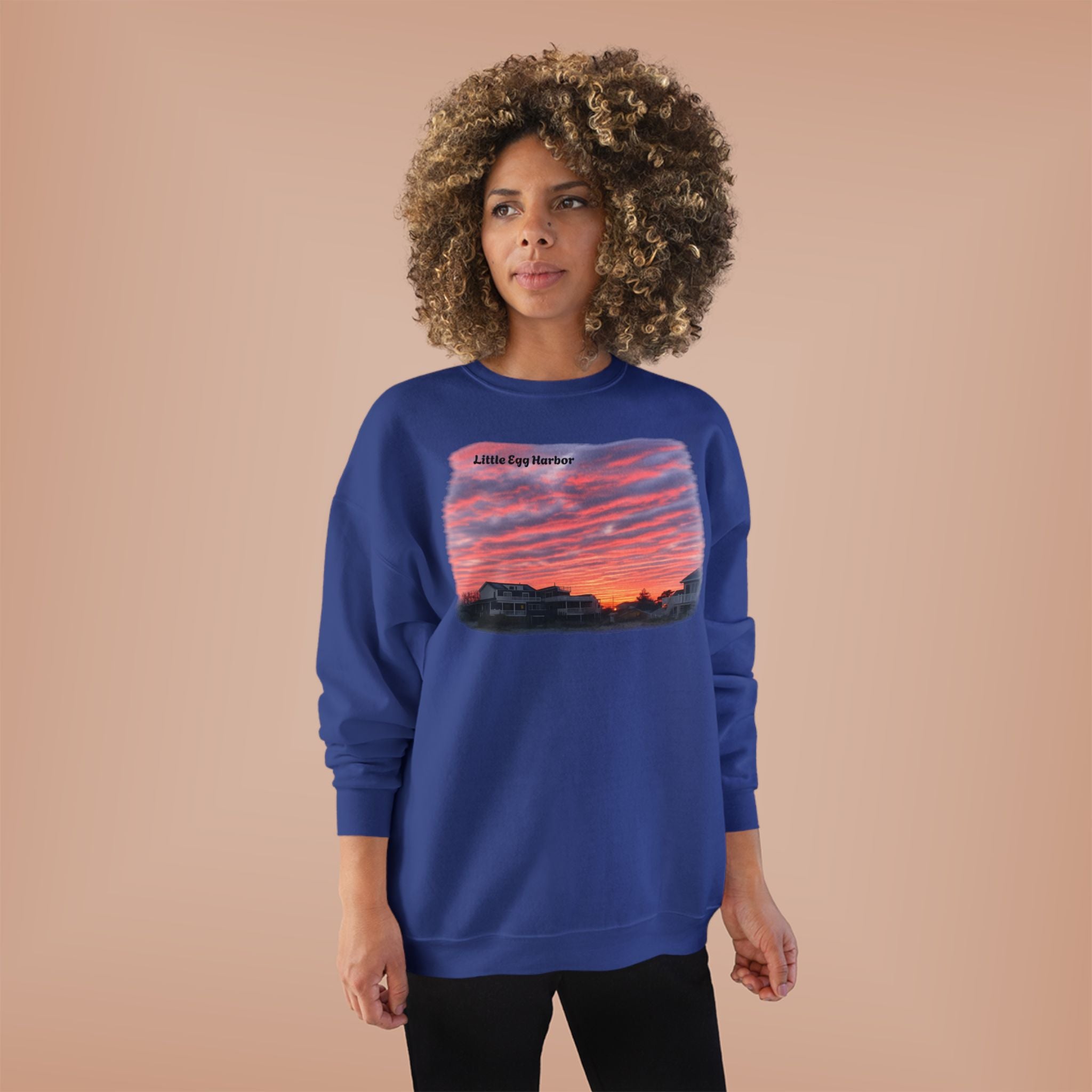 Sunset Landscape Crewneck Sweatshirt – "Little Bay Harbor" Scenic Graphic