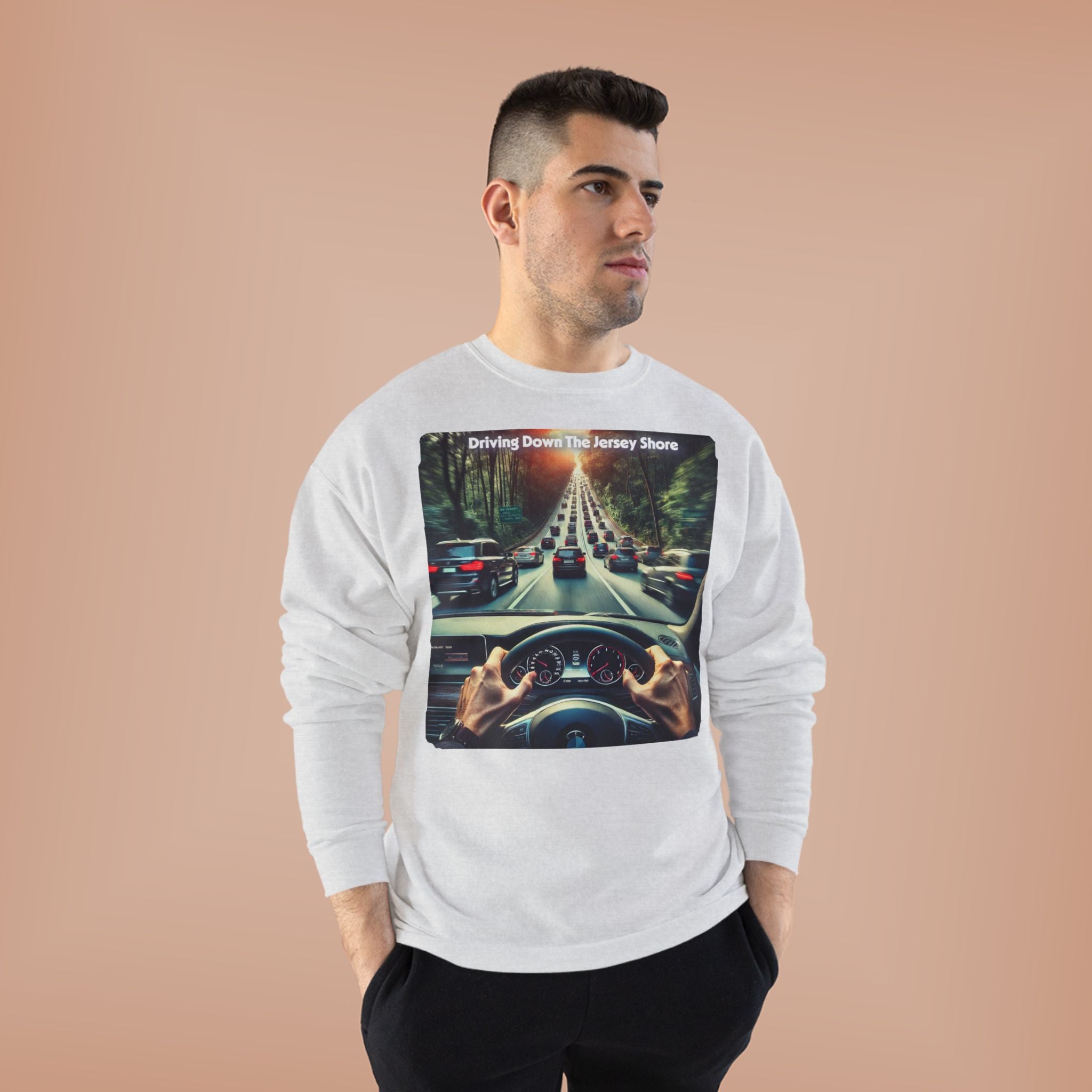 Crewneck Sweatshirt — "Driving Down The Jersey Shore" Scenic Road Trip Design