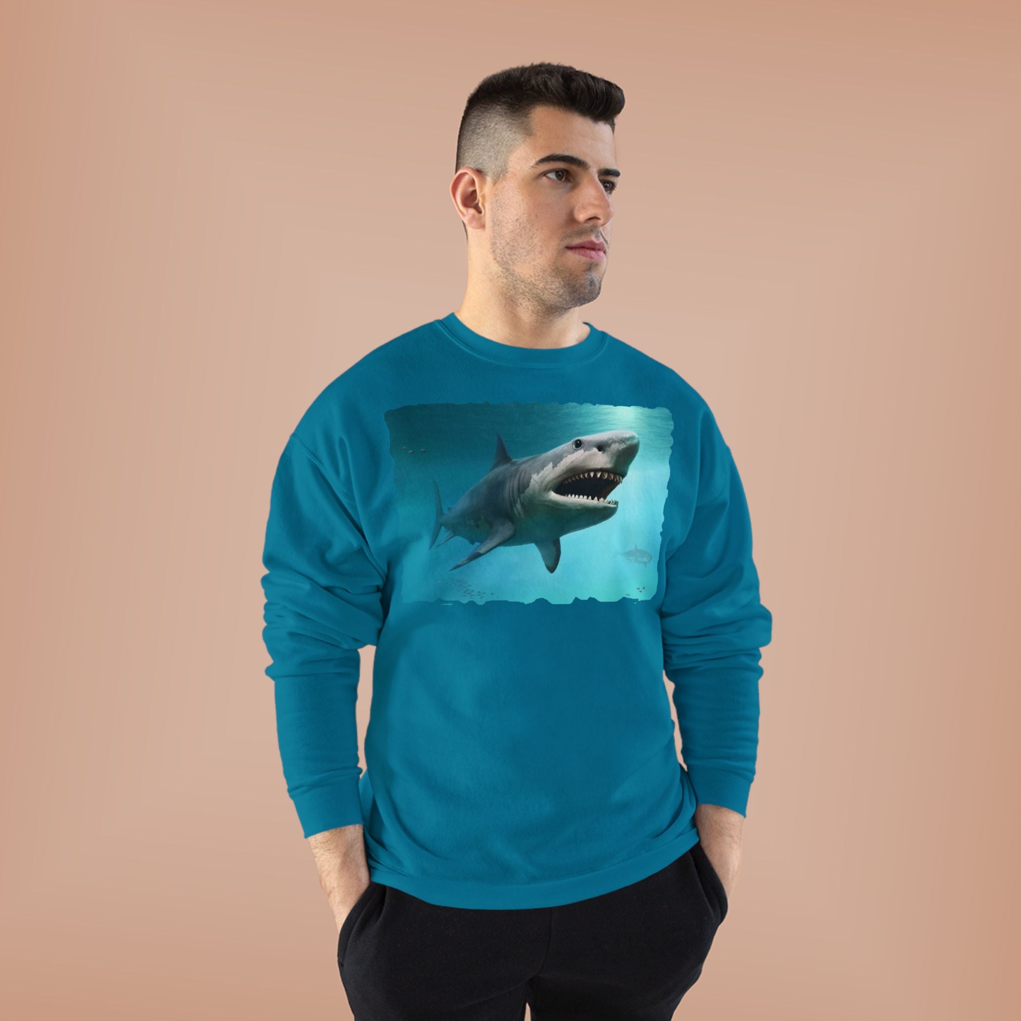 Shark Graphic Crewneck Sweatshirt — Great White Ocean Illustration