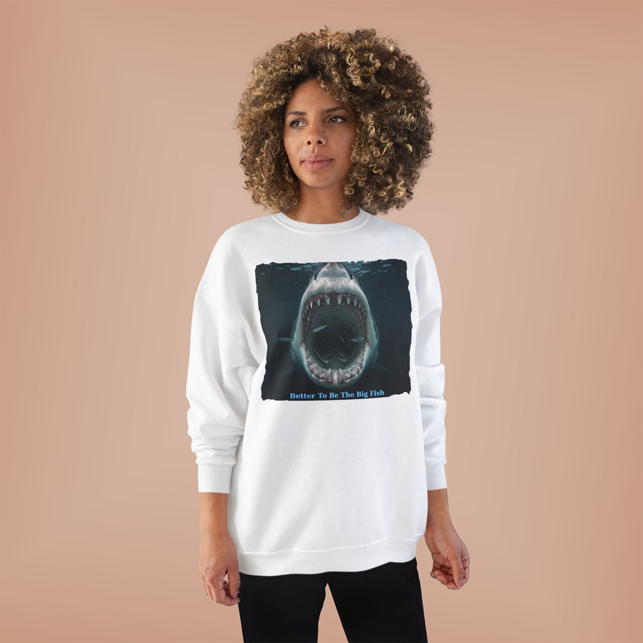 Shark Bite Crewneck Sweatshirt — 'Batter Up, Be The Big Fish' Graphic