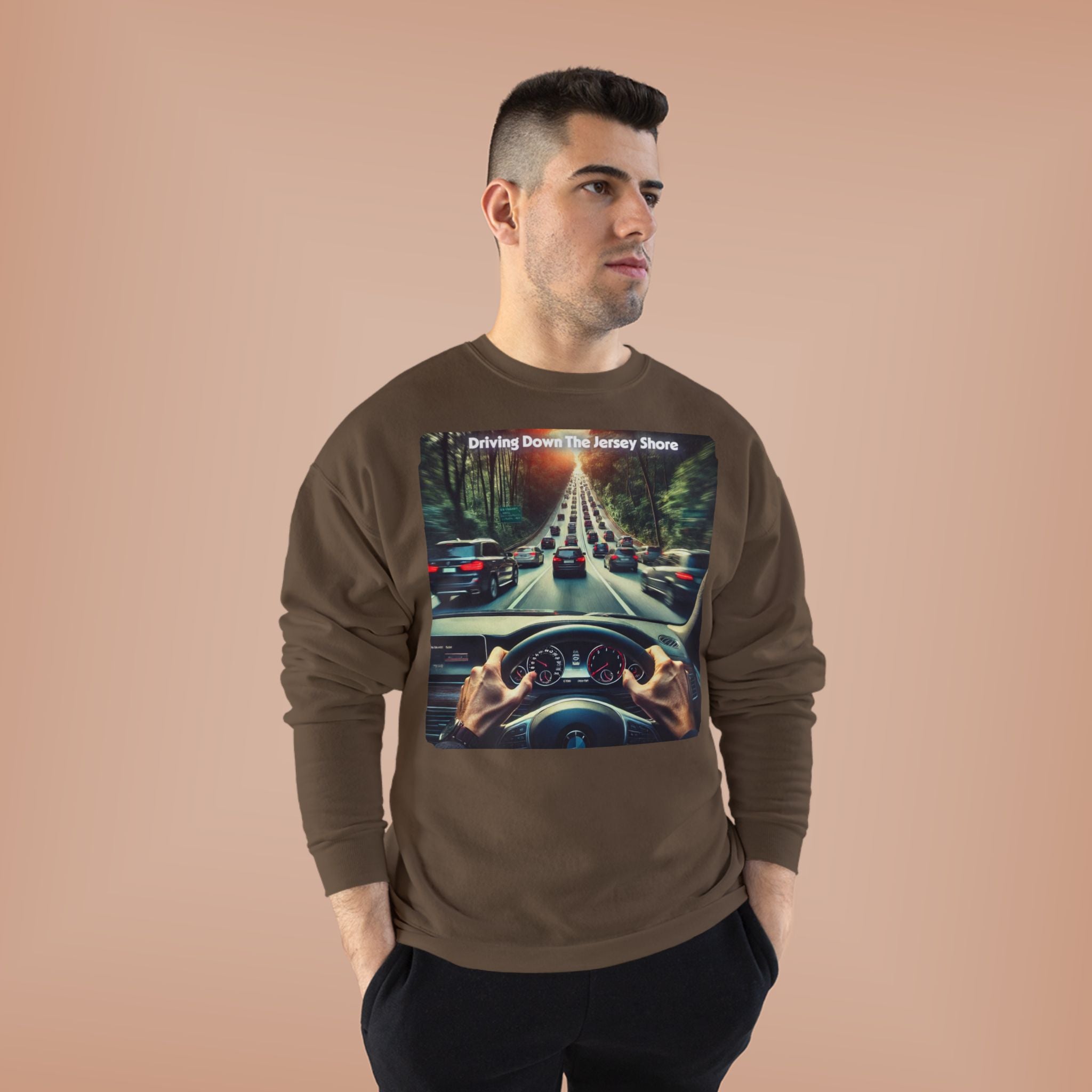 Crewneck Sweatshirt — "Driving Down The Jersey Shore" Scenic Road Trip Design