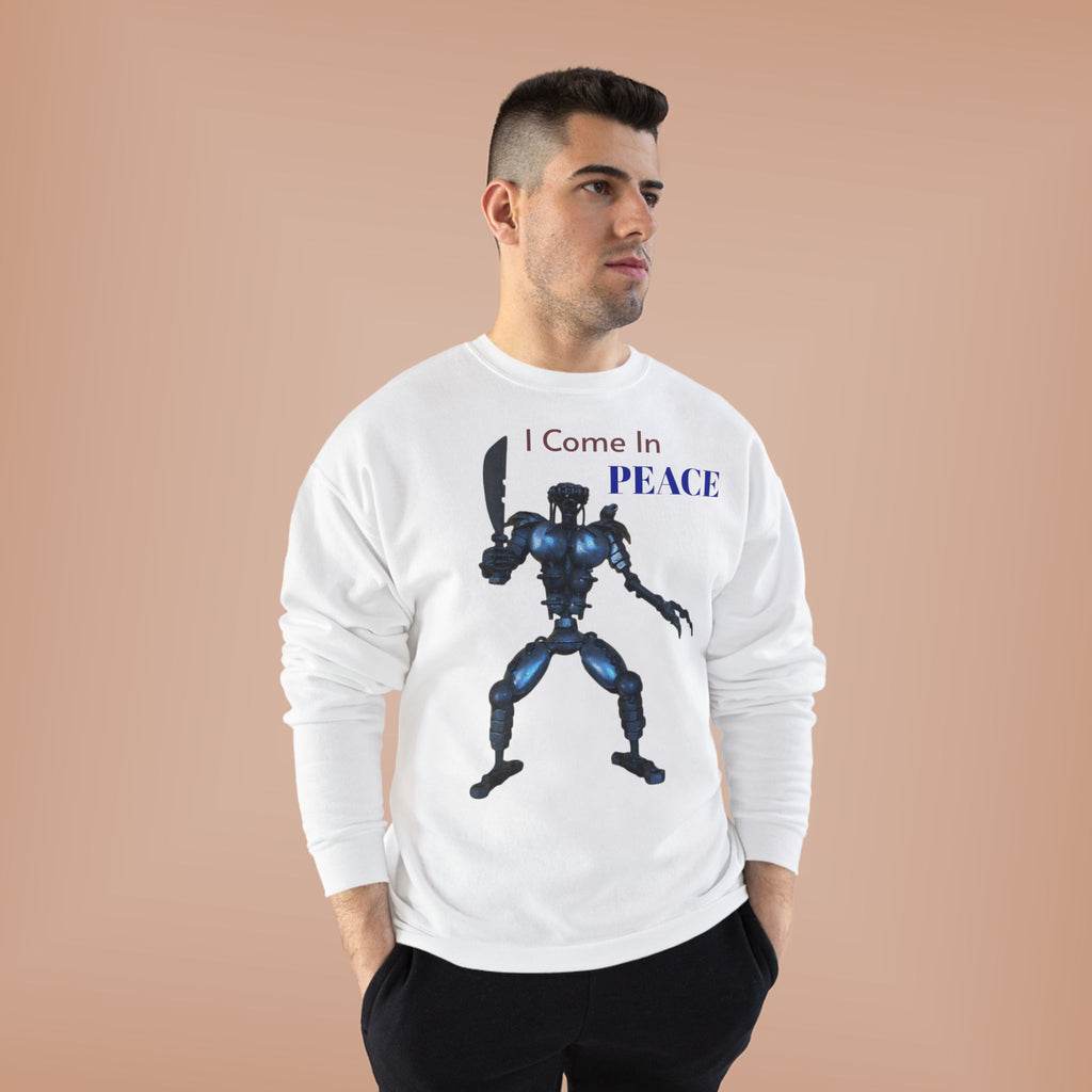 I Come In Peace Robot Crewneck Sweatshirt — Sci‑Fi Alien Warrior Graphic