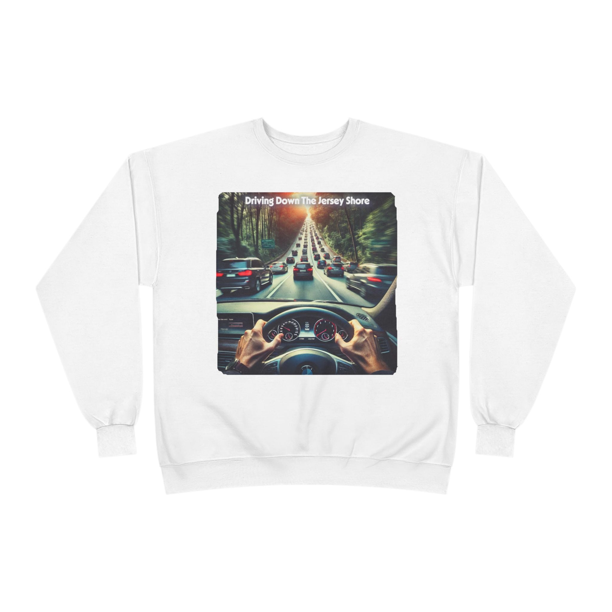 Crewneck Sweatshirt — "Driving Down The Jersey Shore" Scenic Road Trip Design