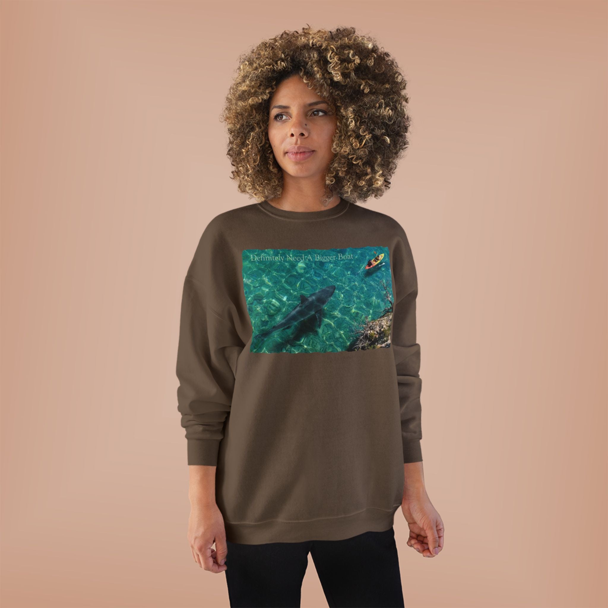 Crewneck Sweatshirt — Kayak Over Shark Photo Graphic