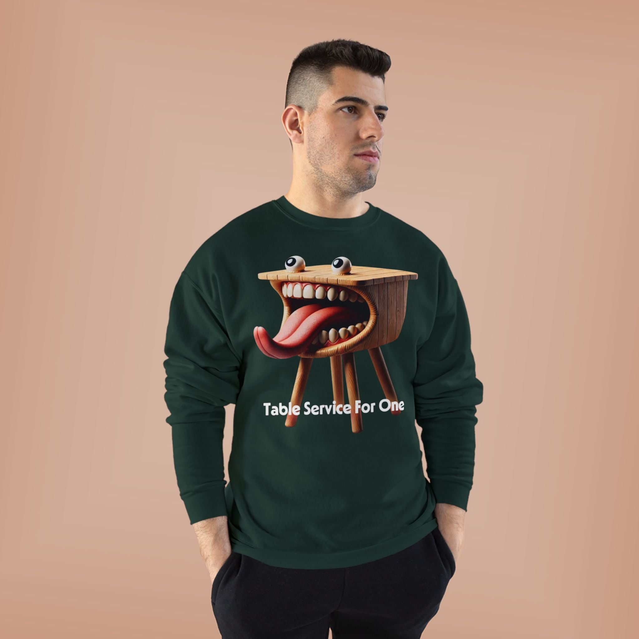 Table Service For One Crewneck Sweatshirt — Funny Surreal Table Graphic