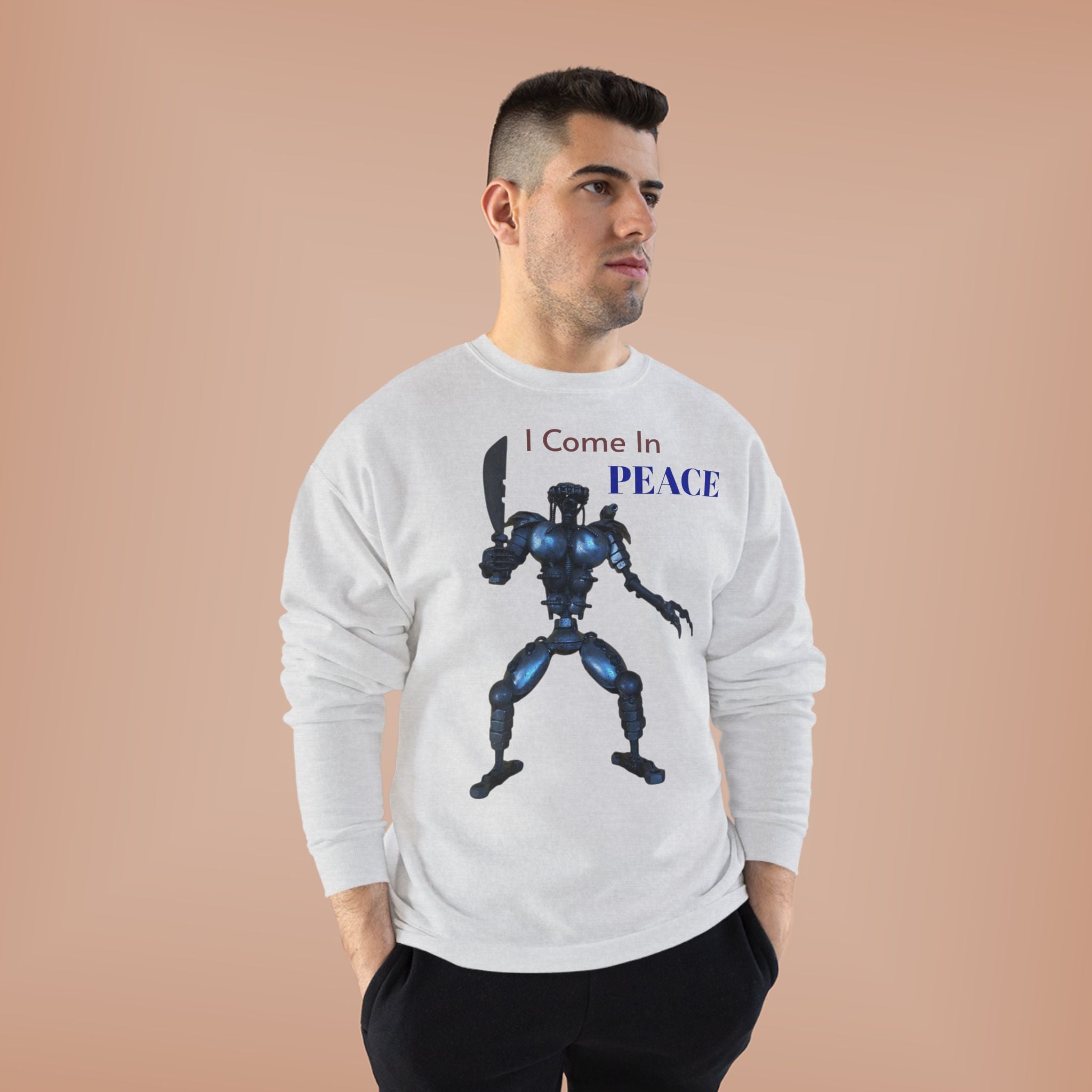 I Come In Peace Robot Crewneck Sweatshirt — Sci‑Fi Alien Warrior Graphic