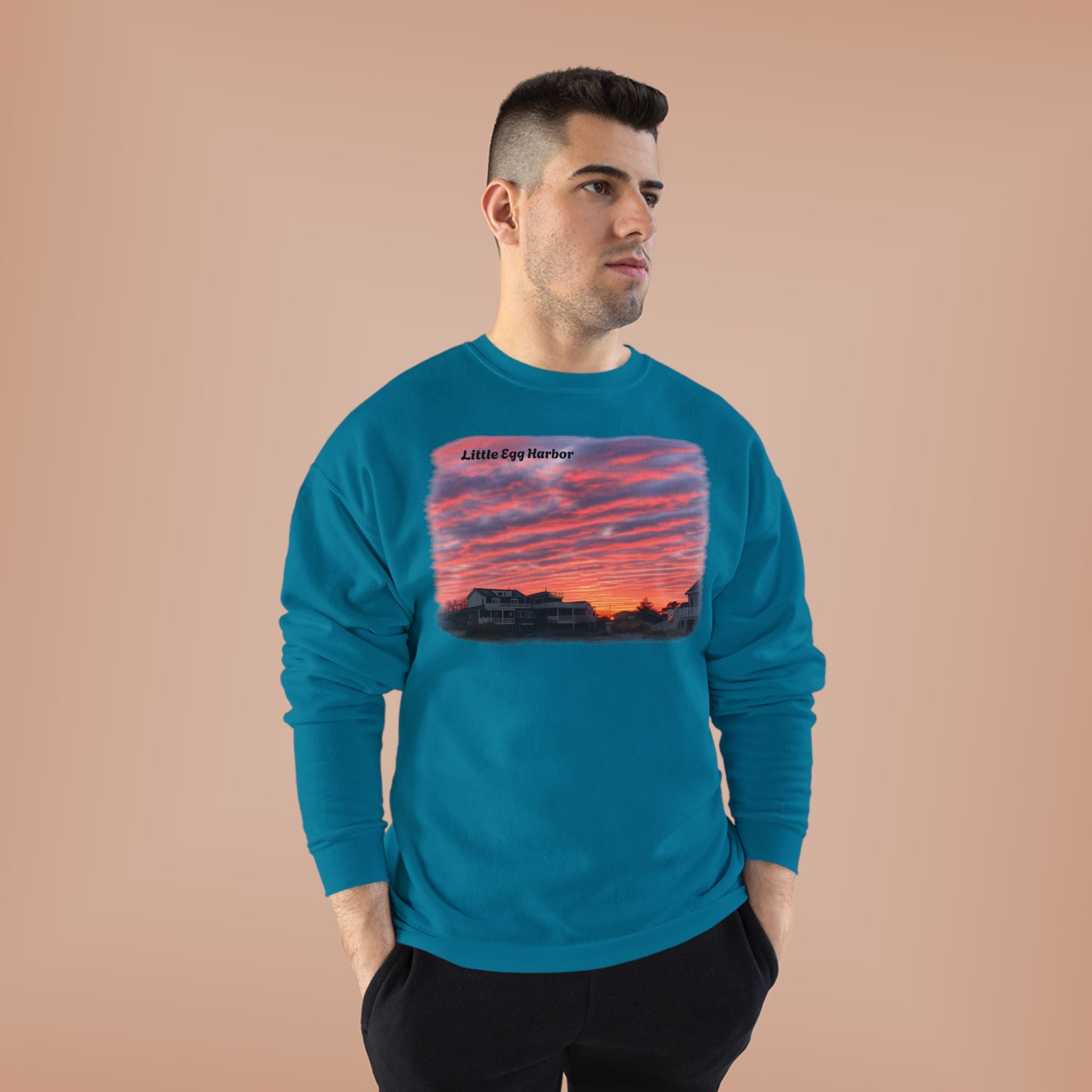 Sunset Landscape Crewneck Sweatshirt – "Little Bay Harbor" Scenic Graphic