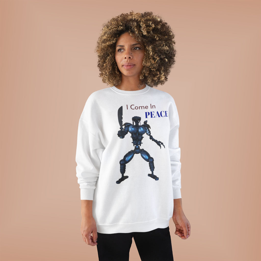 I Come In Peace Robot Crewneck Sweatshirt — Sci‑Fi Alien Warrior Graphic