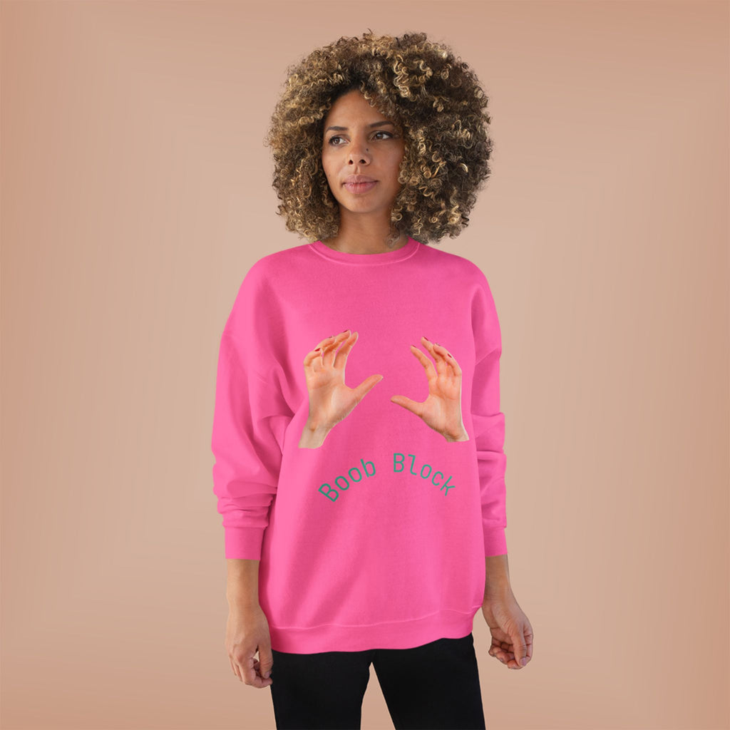Crewneck Sweatshirt — "Boob Block" Hands Graphic Pullover
