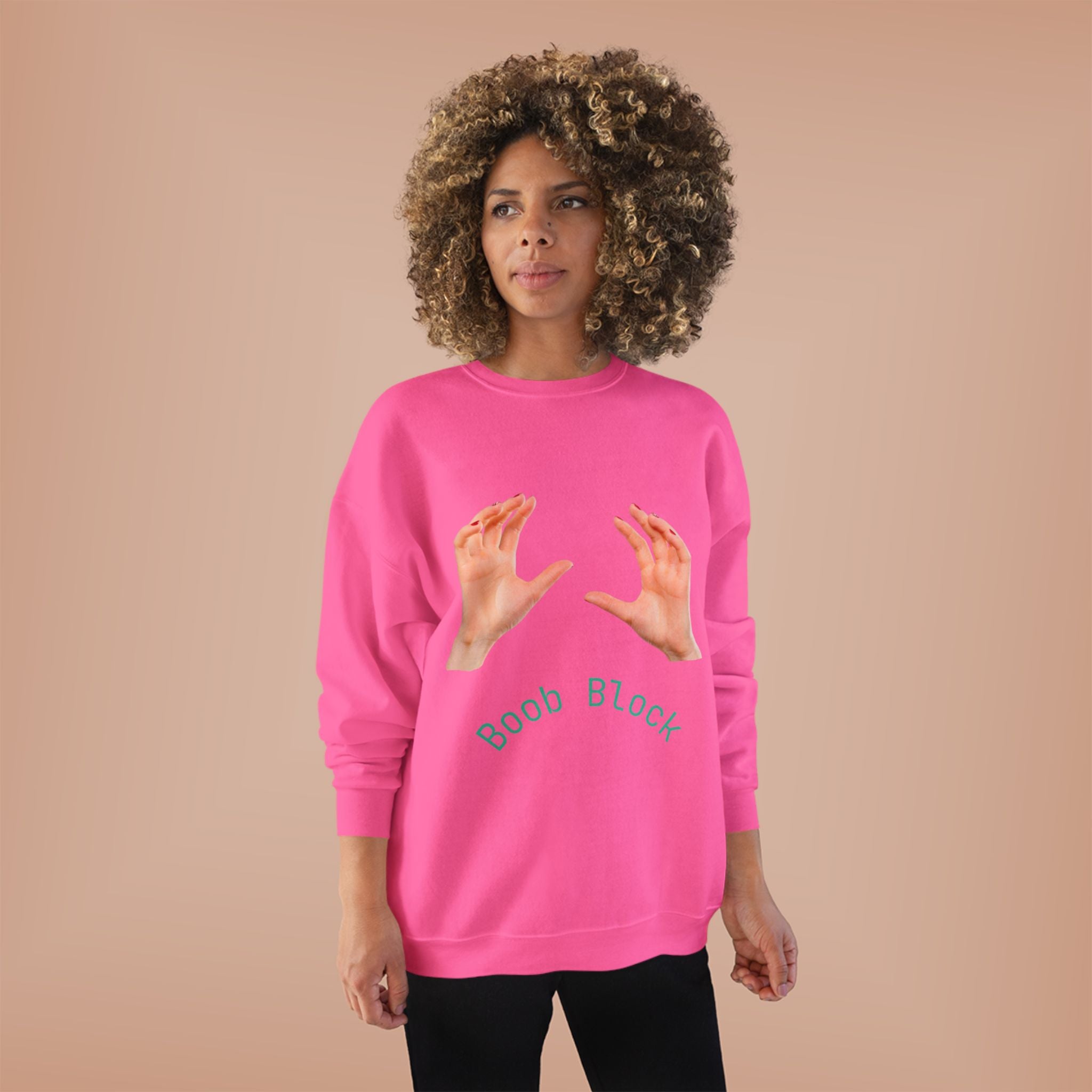 Crewneck Sweatshirt — "Boob Block" Hands Graphic Pullover
