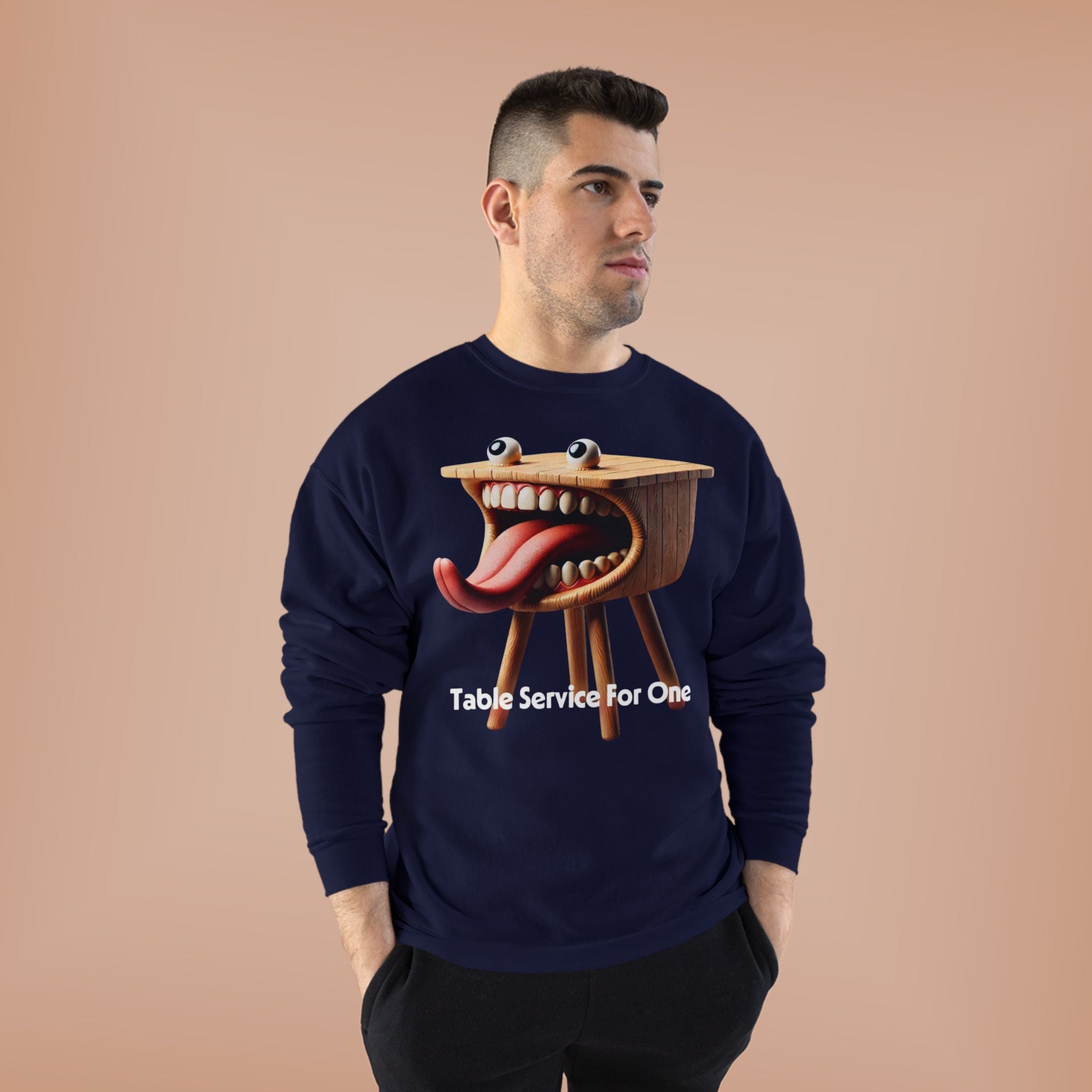 Table Service For One Crewneck Sweatshirt — Funny Surreal Table Graphic