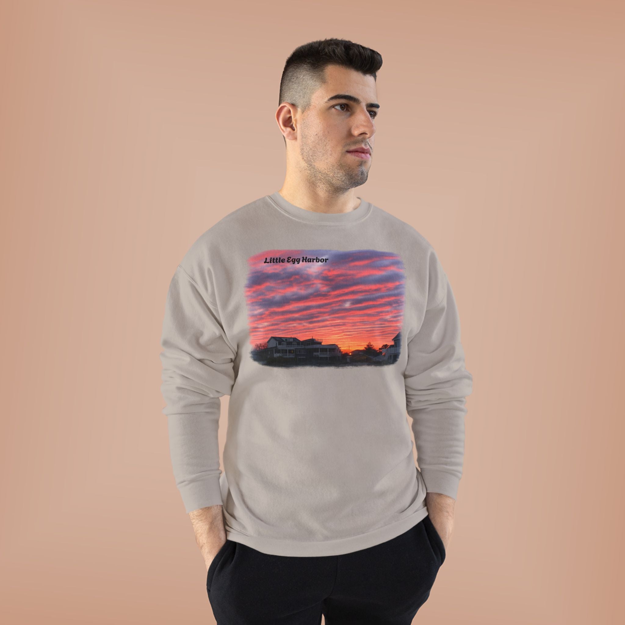 Sunset Landscape Crewneck Sweatshirt – "Little Bay Harbor" Scenic Graphic