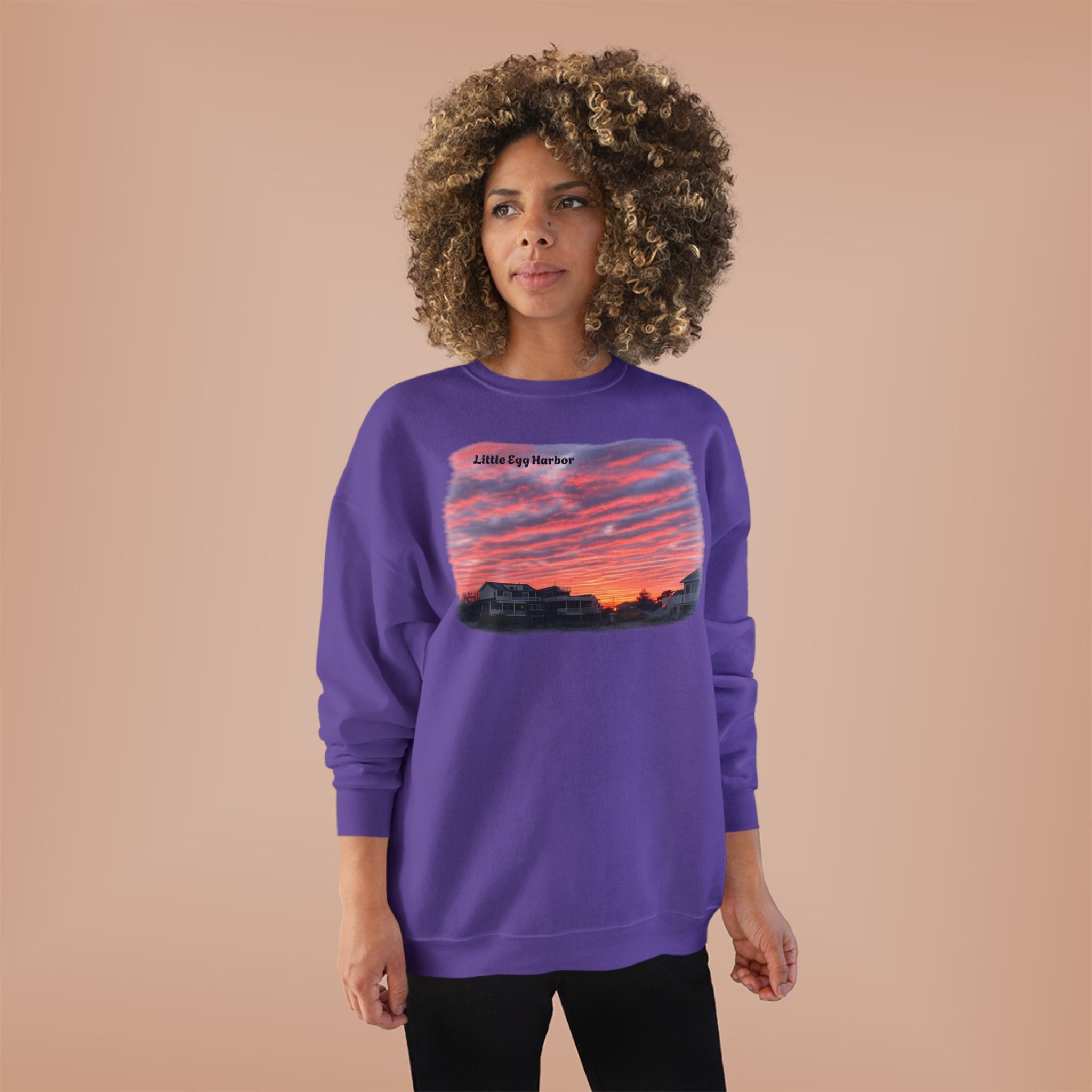 Sunset Landscape Crewneck Sweatshirt – "Little Bay Harbor" Scenic Graphic