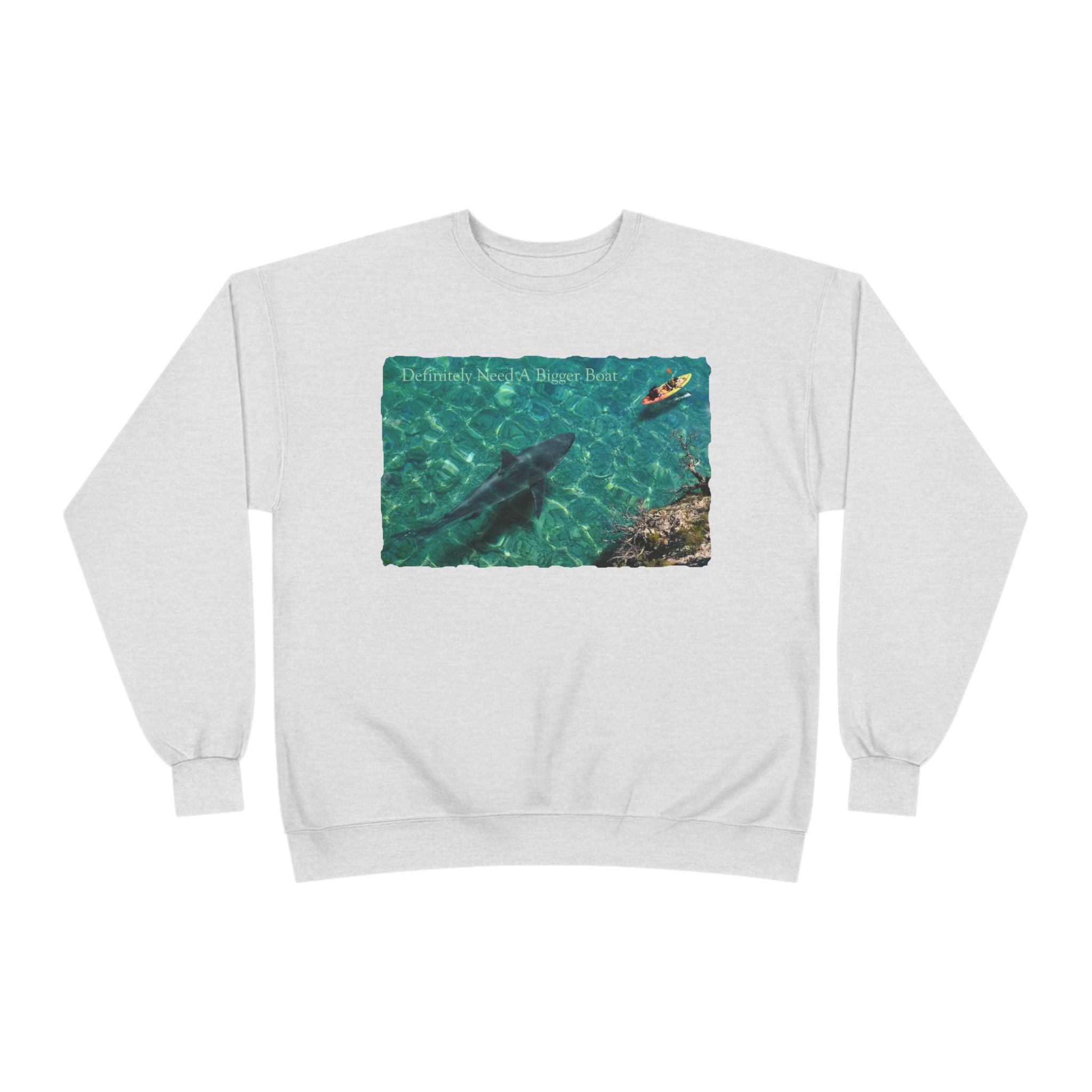 Crewneck Sweatshirt — Kayak Over Shark Photo Graphic