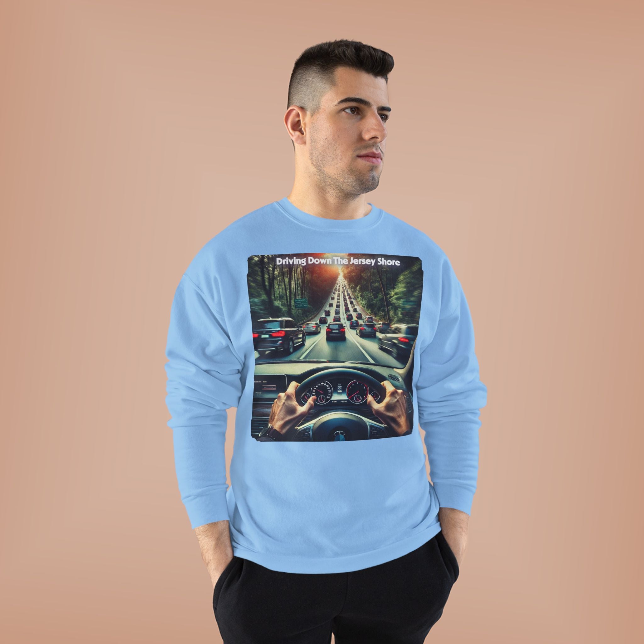 Crewneck Sweatshirt — "Driving Down The Jersey Shore" Scenic Road Trip Design