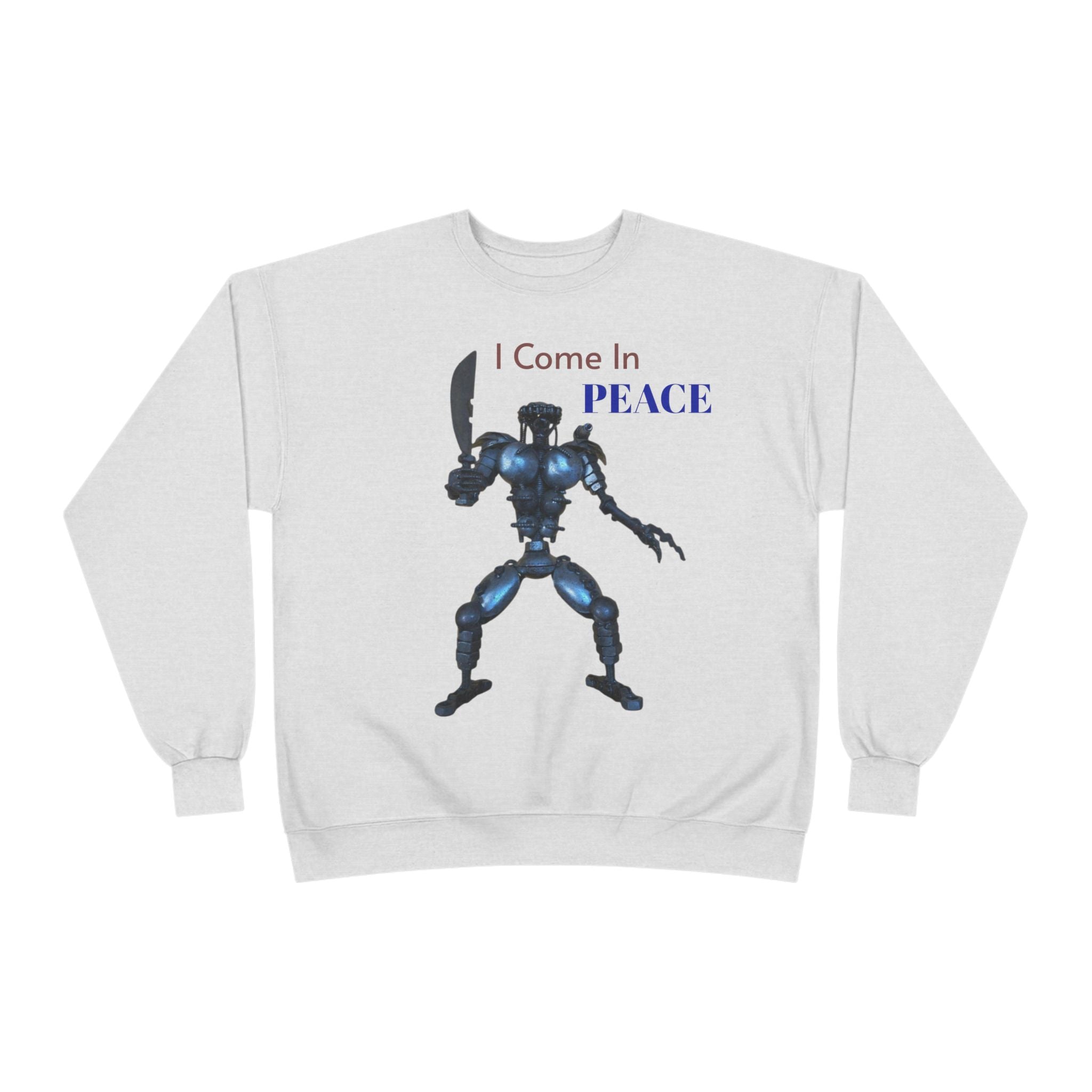 I Come In Peace Robot Crewneck Sweatshirt — Sci‑Fi Alien Warrior Graphic
