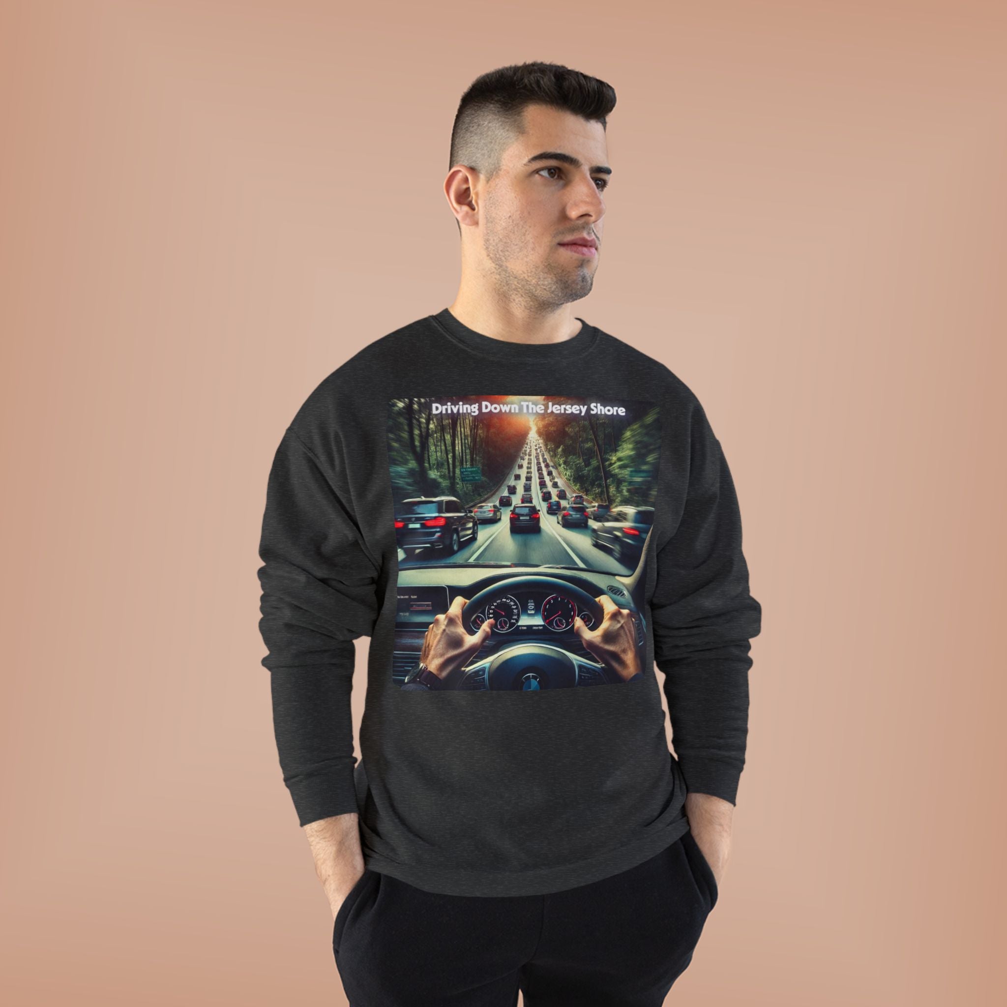 Crewneck Sweatshirt — "Driving Down The Jersey Shore" Scenic Road Trip Design