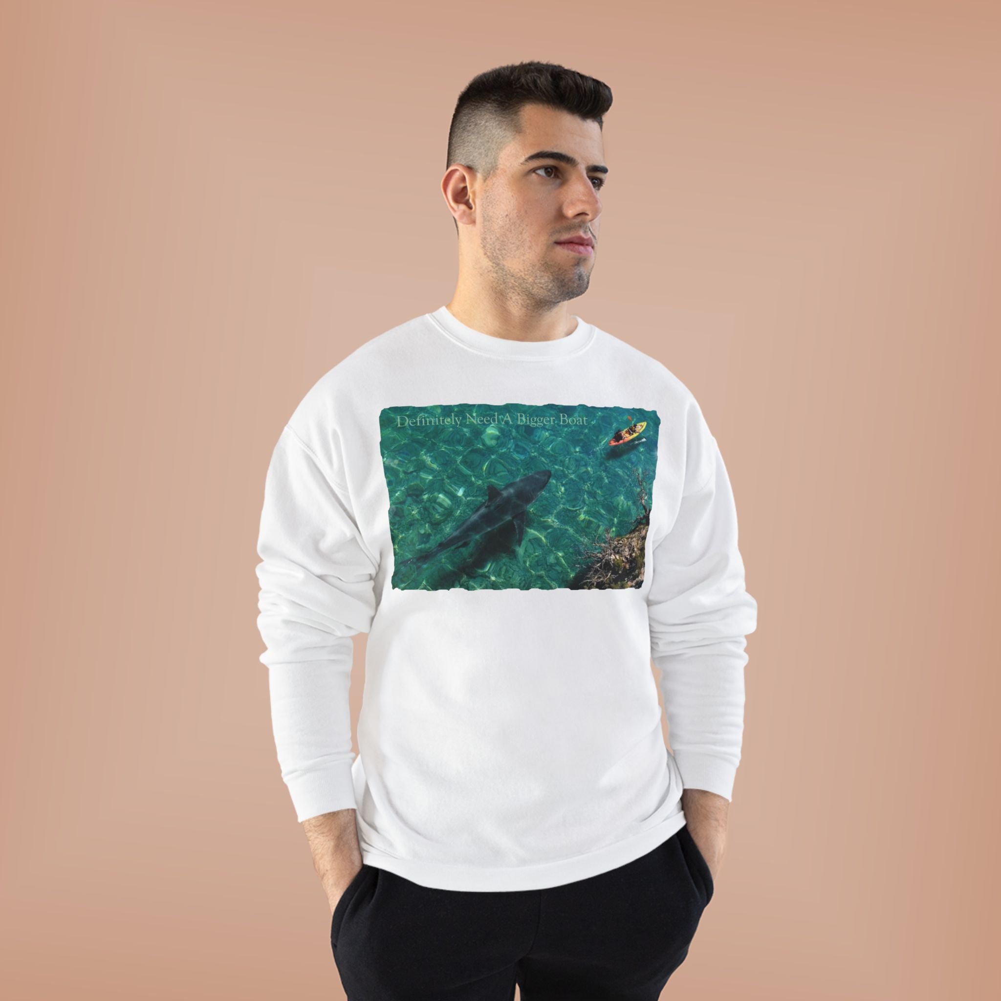 Crewneck Sweatshirt — Kayak Over Shark Photo Graphic
