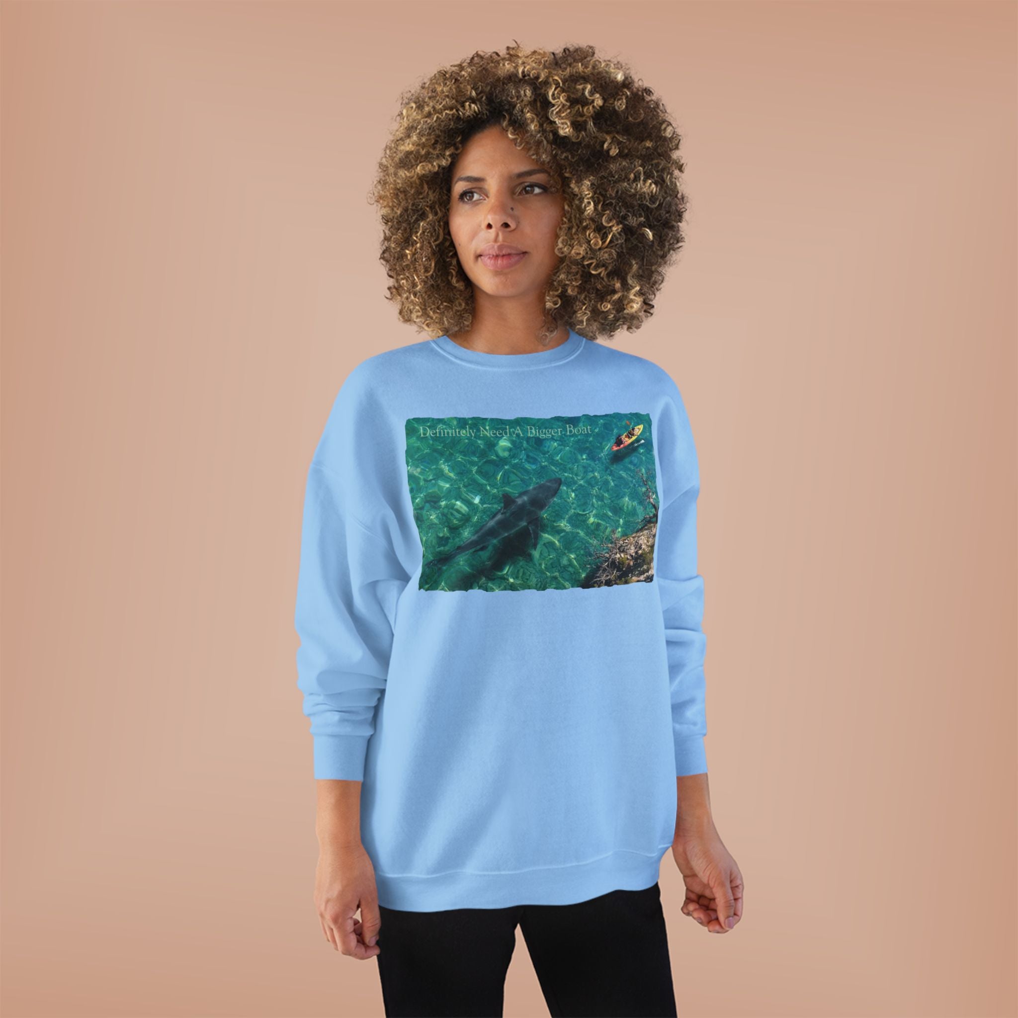 Crewneck Sweatshirt — Kayak Over Shark Photo Graphic
