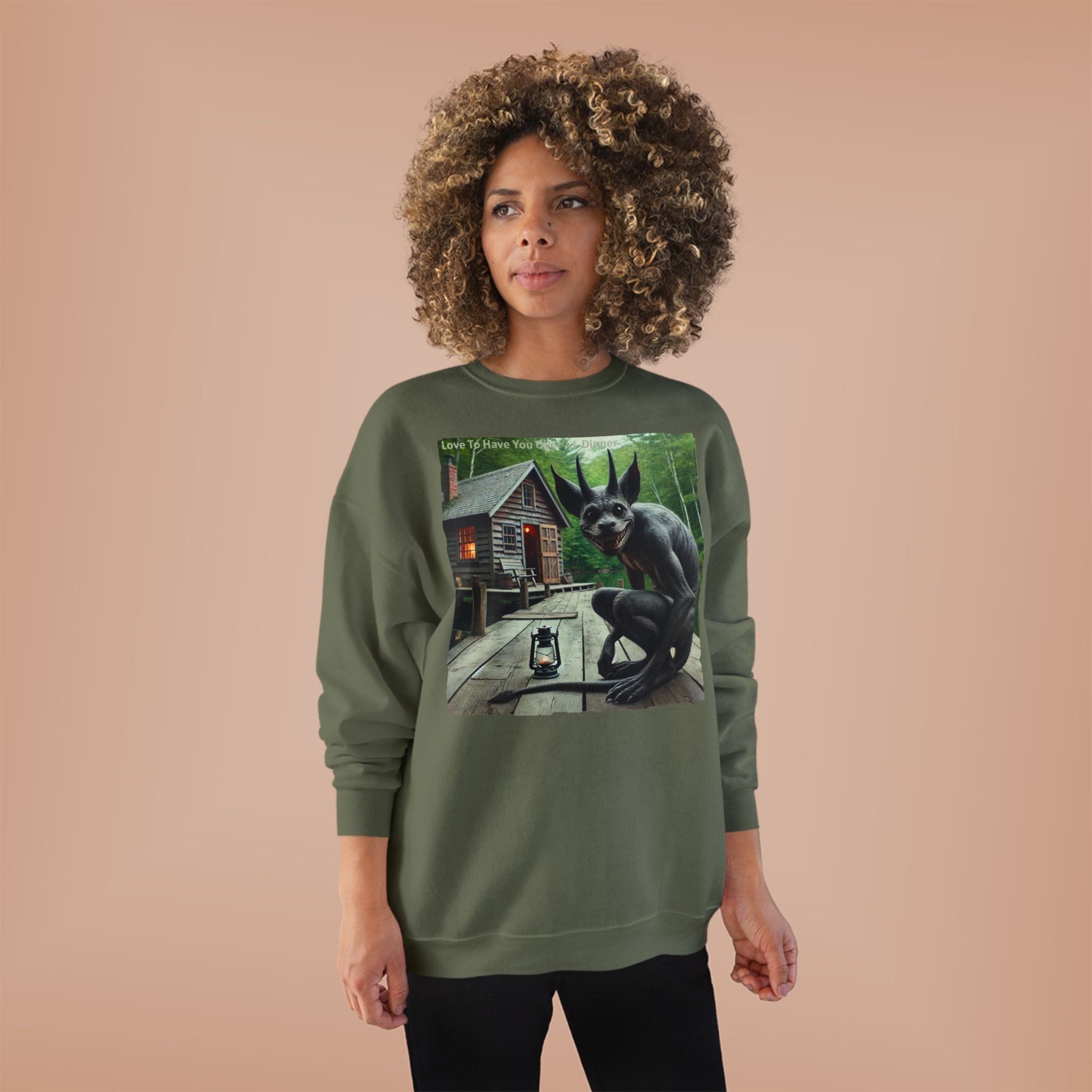Creepy Cabin Gargoyle Sweatshirt — Haunted Forest Monster Crewneck