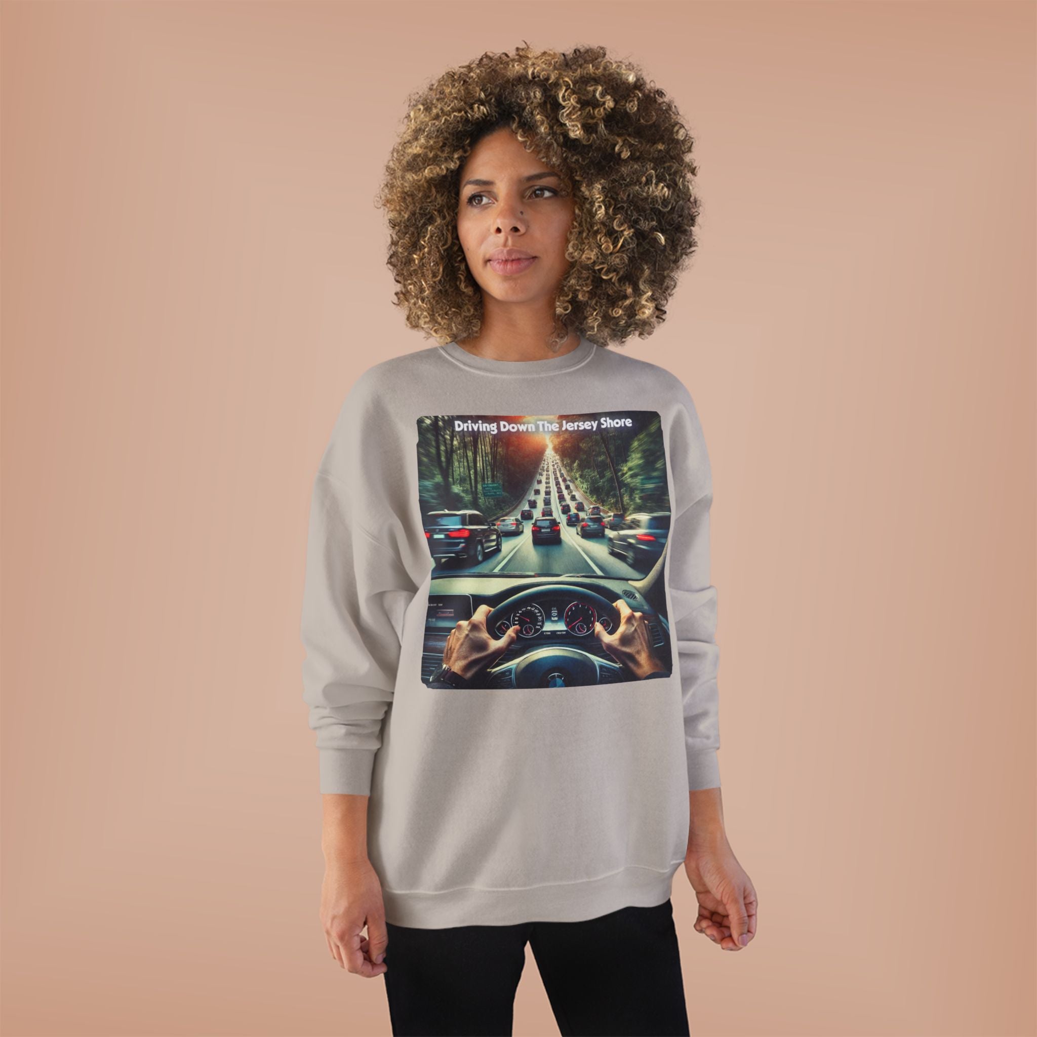 Crewneck Sweatshirt — "Driving Down The Jersey Shore" Scenic Road Trip Design