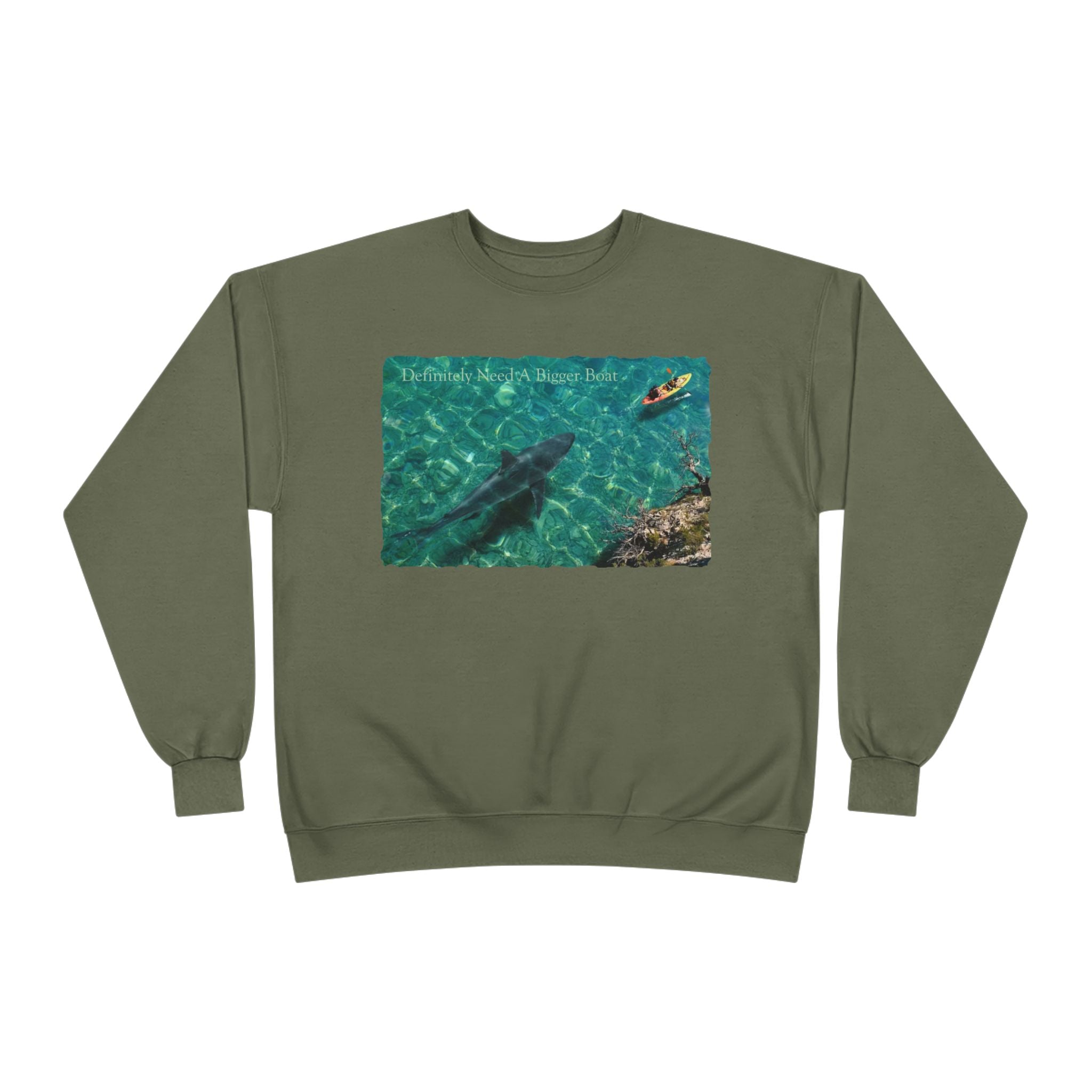 Crewneck Sweatshirt — Kayak Over Shark Photo Graphic