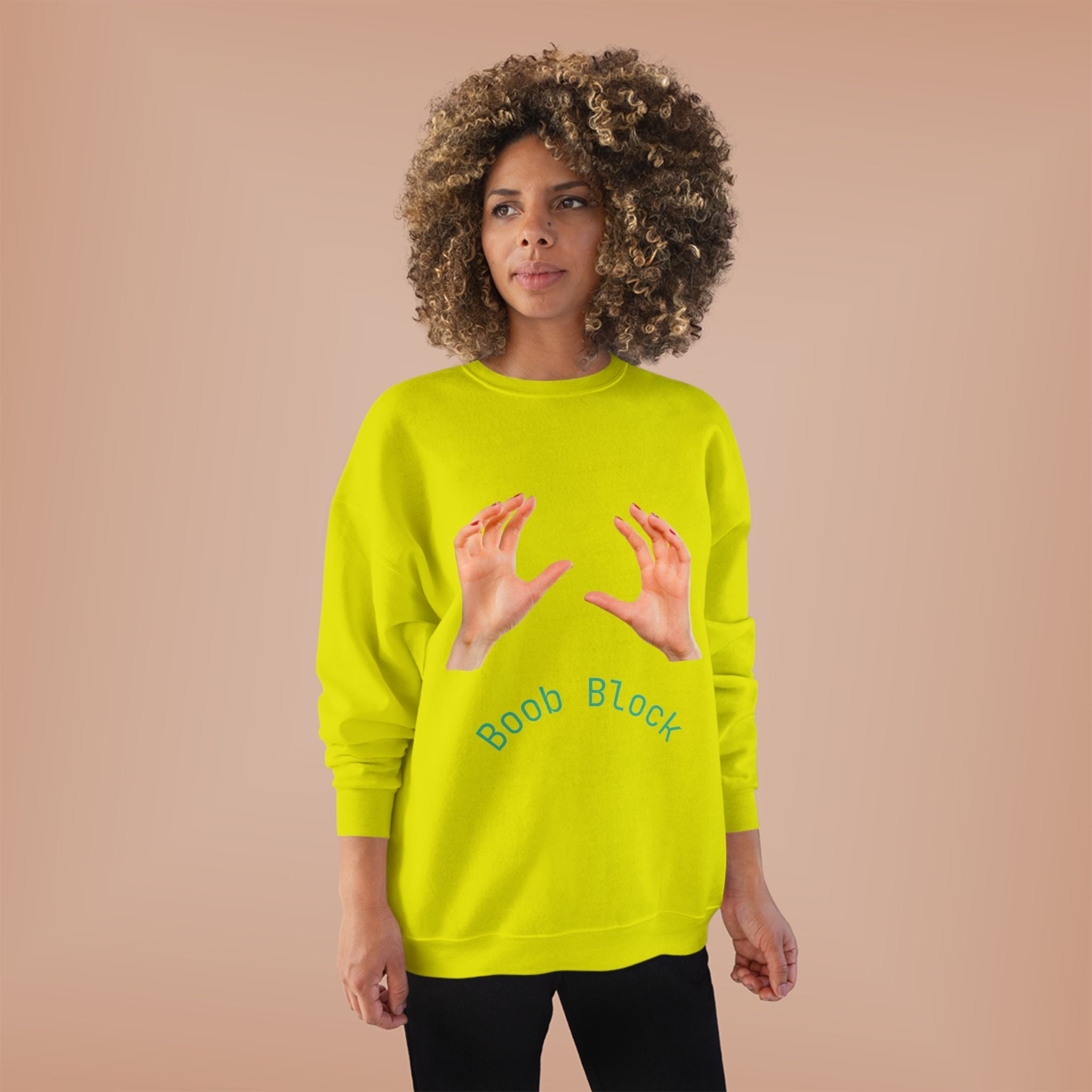 Crewneck Sweatshirt — "Boob Block" Hands Graphic Pullover