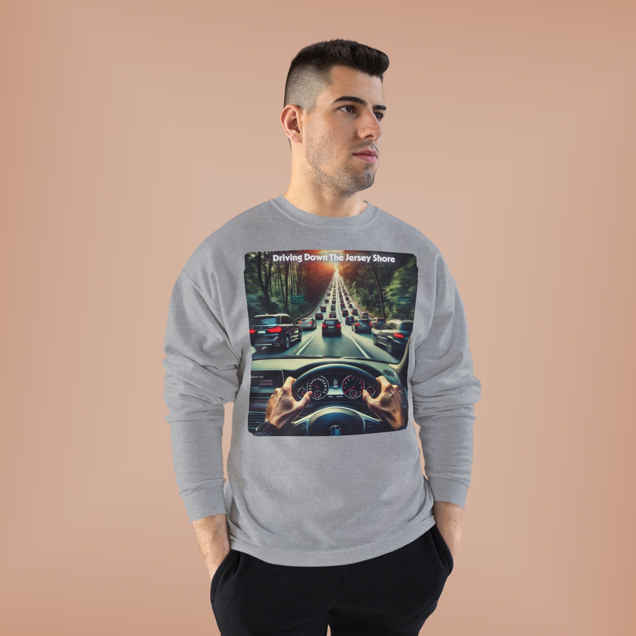 Crewneck Sweatshirt — "Driving Down The Jersey Shore" Scenic Road Trip Design