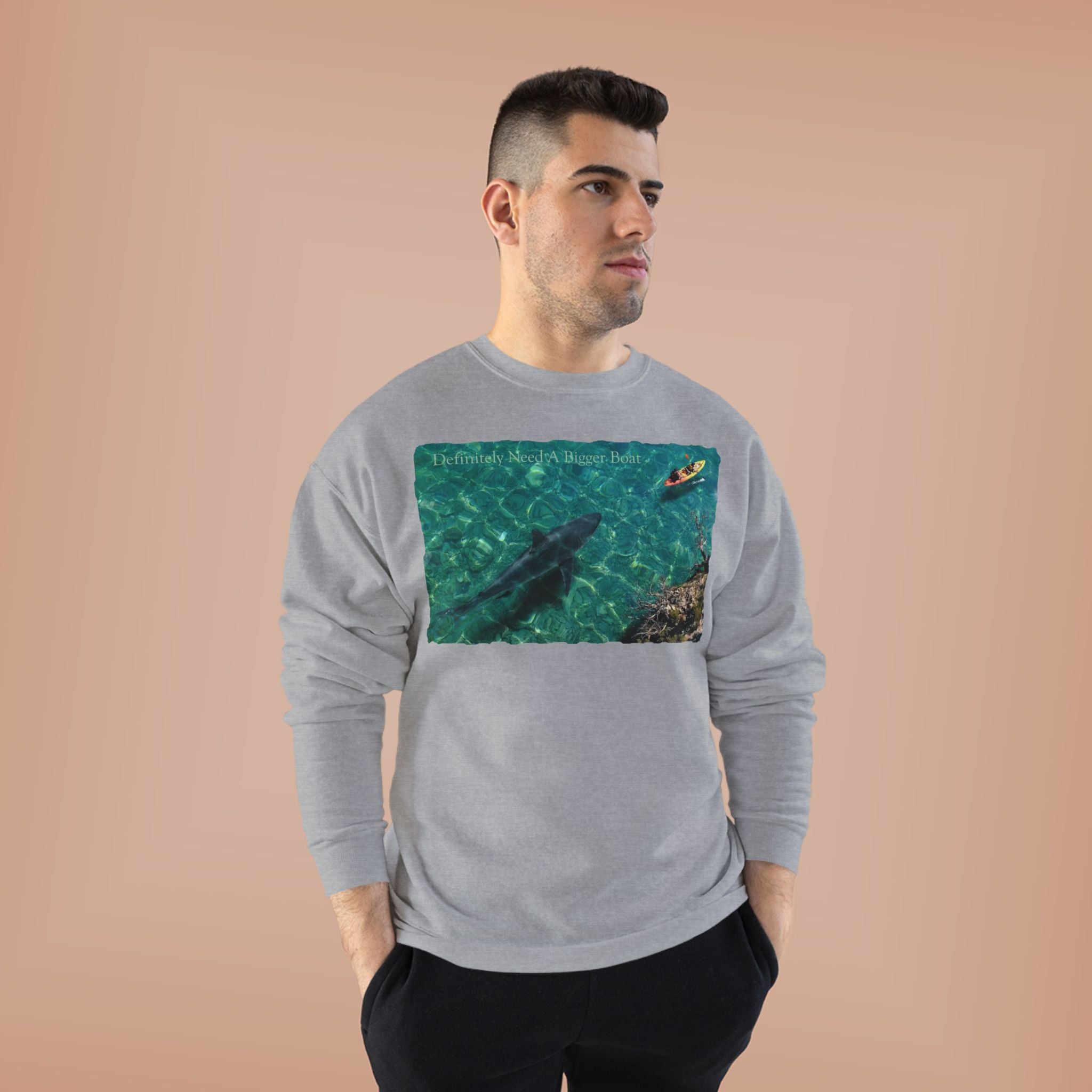 Crewneck Sweatshirt — Kayak Over Shark Photo Graphic