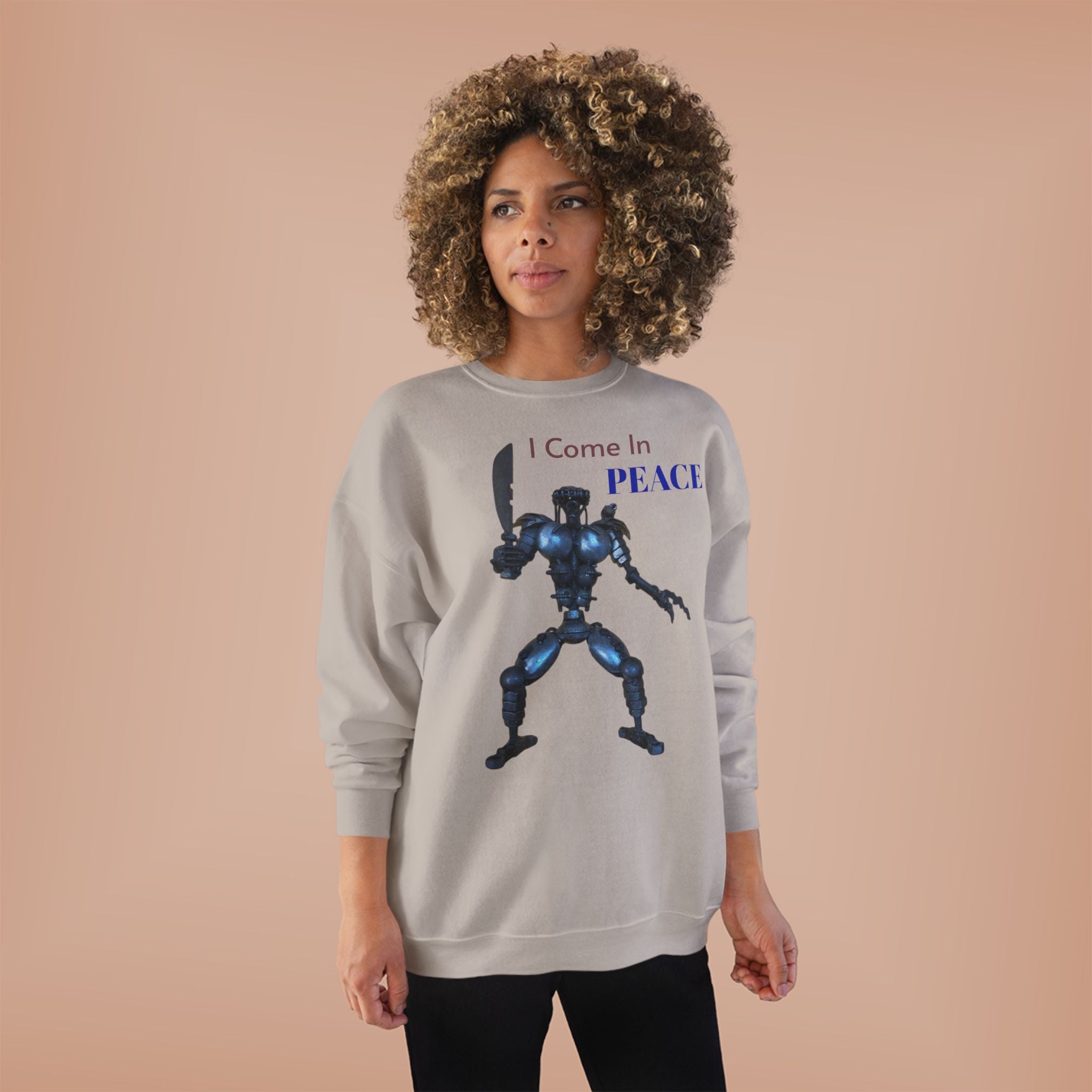 I Come In Peace Robot Crewneck Sweatshirt — Sci‑Fi Alien Warrior Graphic